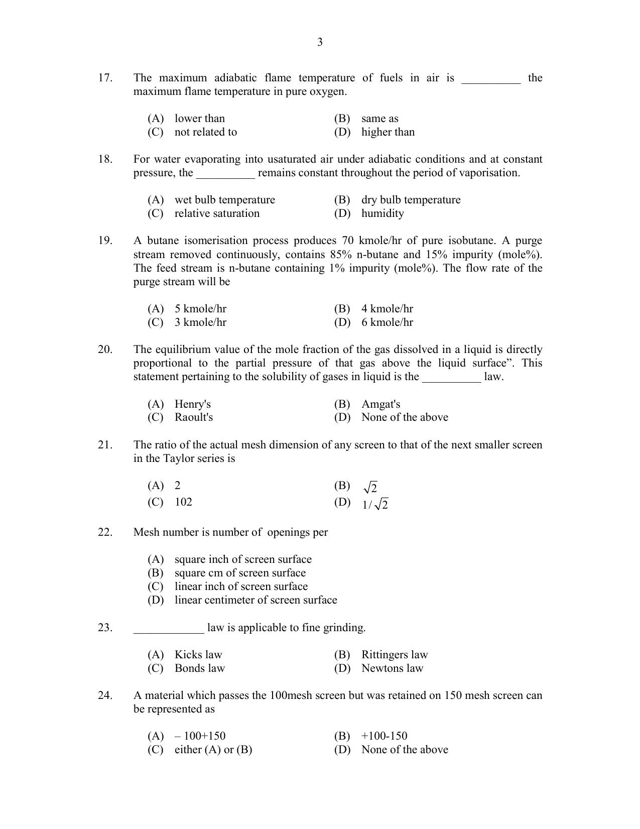 CUSAT CAT 2017 Chemical Engg Question Paper - Page 3