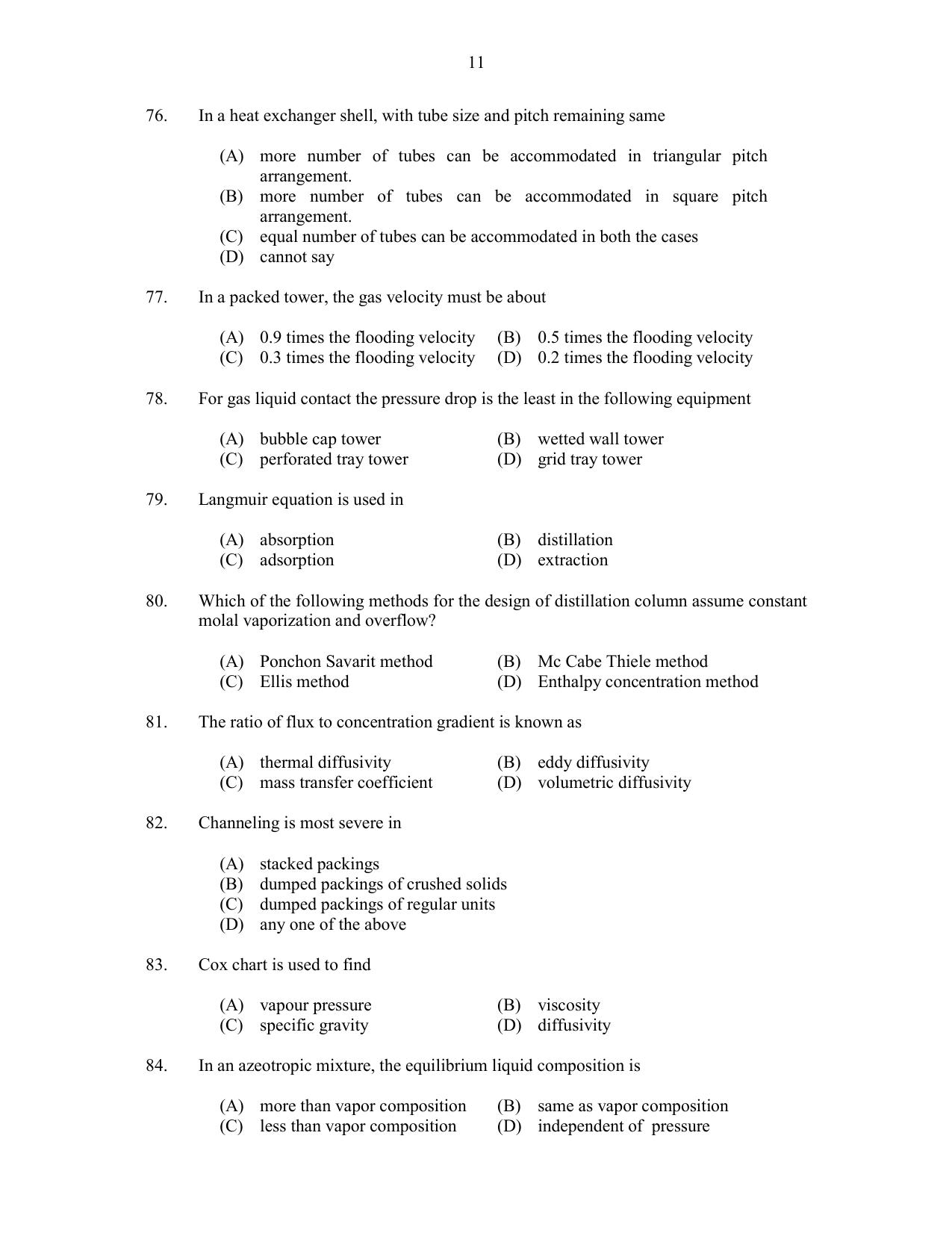 CUSAT CAT 2017 Chemical Engg Question Paper - Page 11