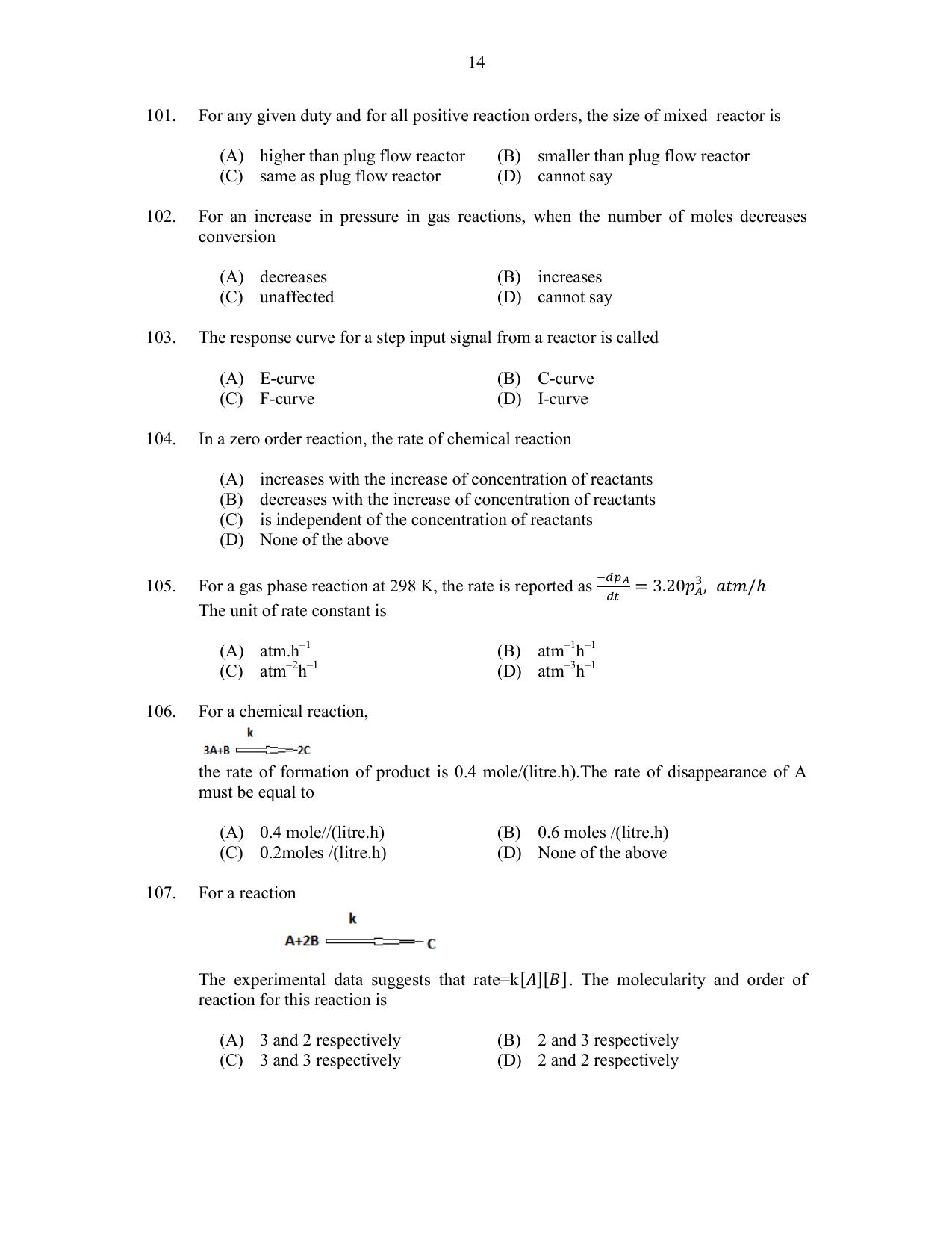 CUSAT CAT 2017 Chemical Engg Question Paper - Page 14