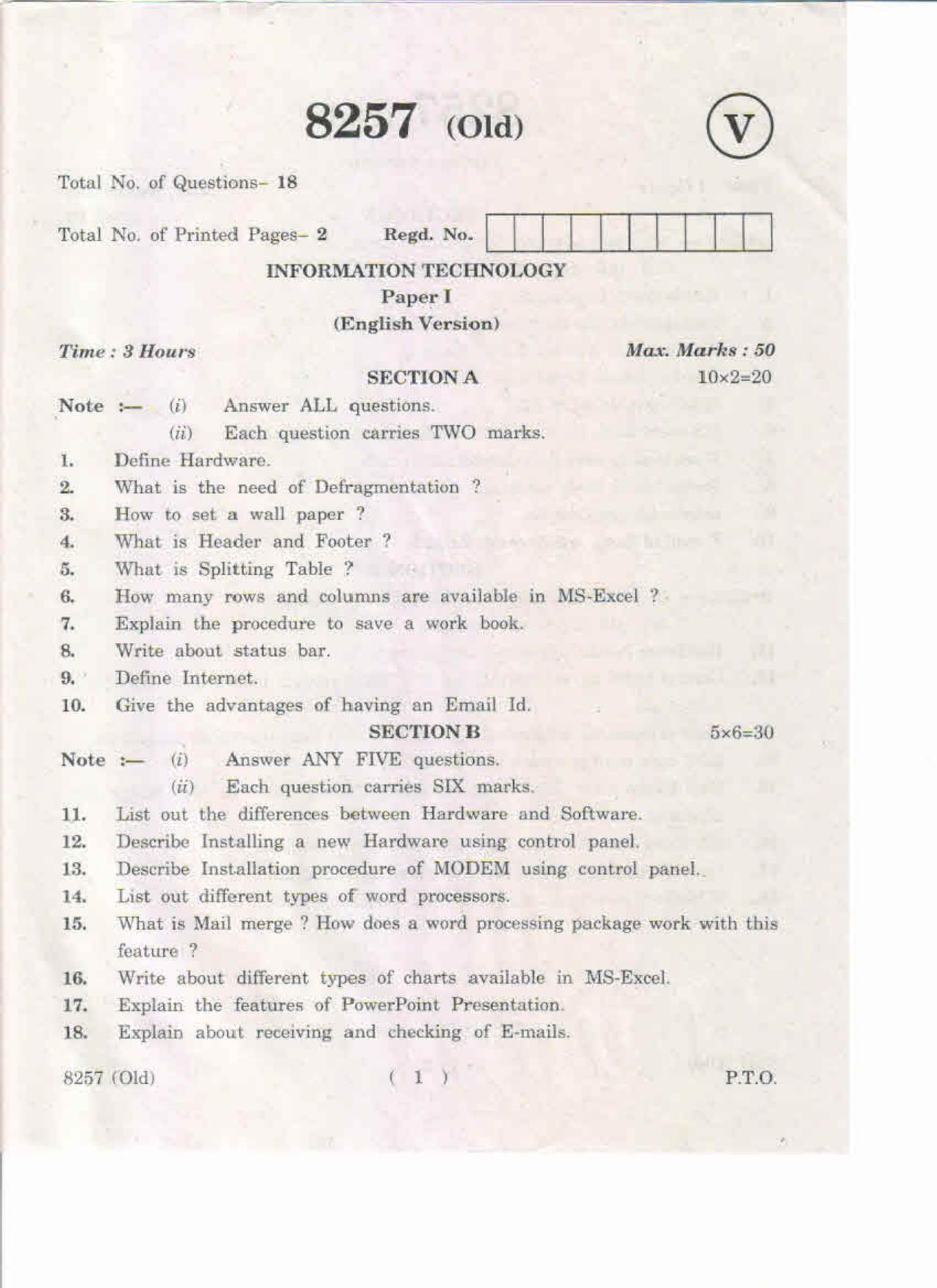 AP Inter 1st Year Information Technology-I (Old) May-2019-Vocational Question Paper - Page 1