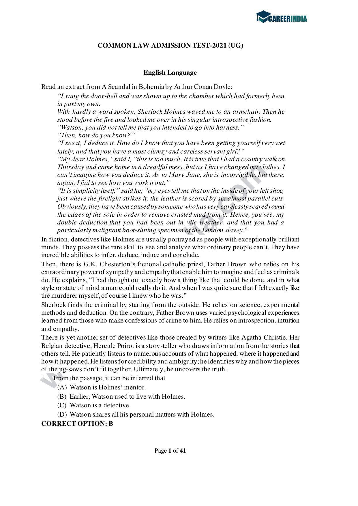 CLAT 2021 UG Question Paper and Asnwer Key - Page 1