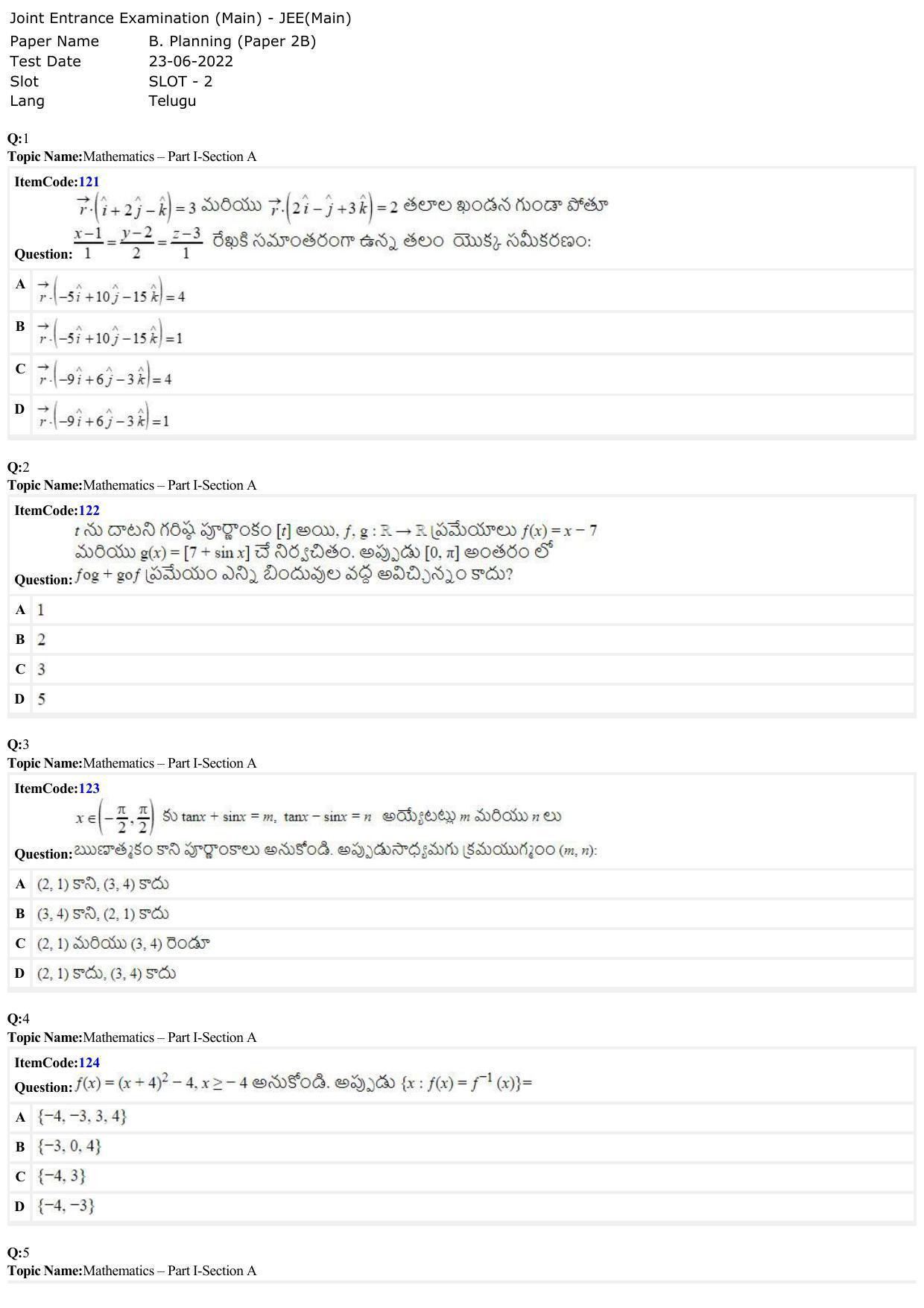 JEE Mains 2022: B Planning Telugu (Shift 2) 23-06-2022 Question Paper - Page 1