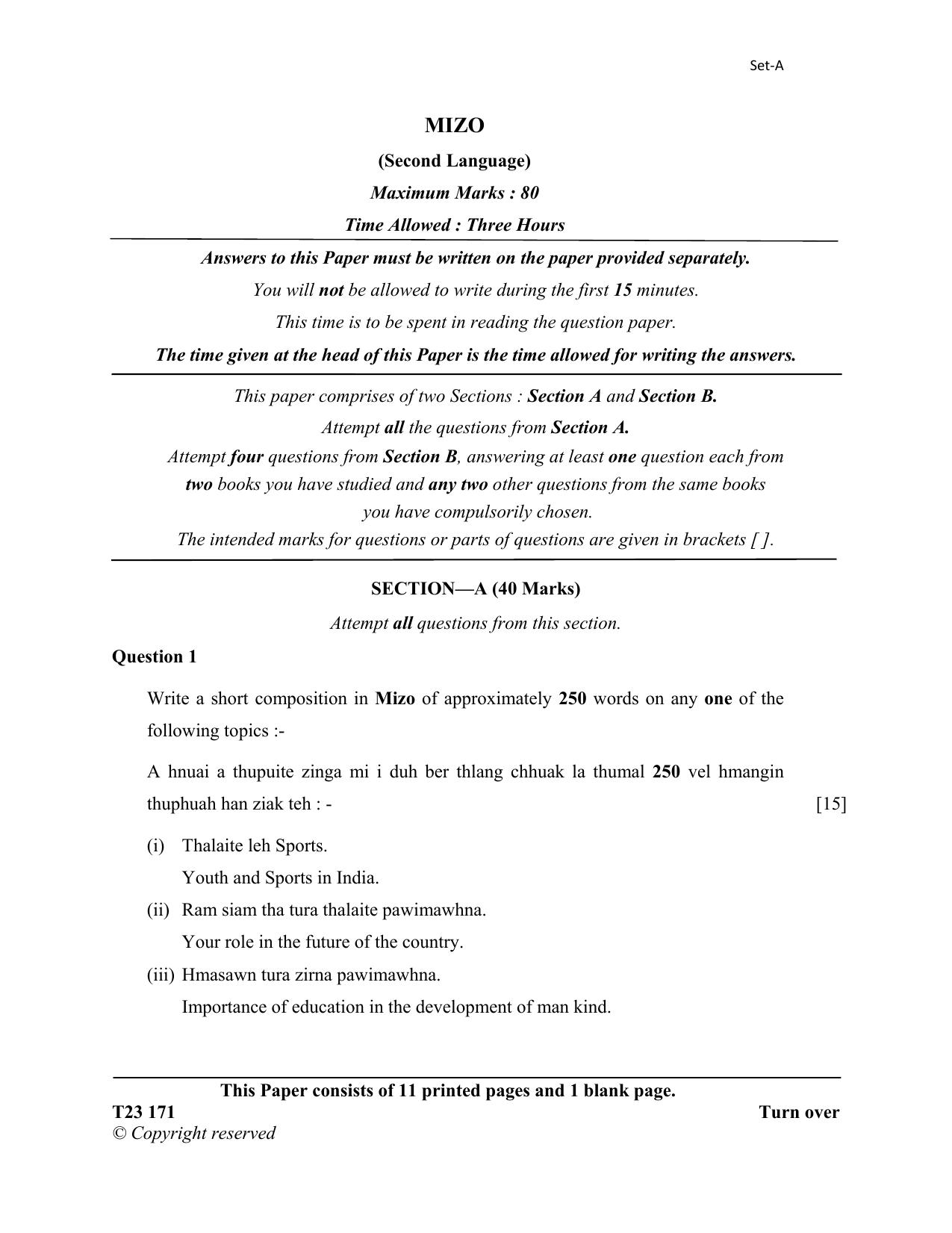 ICSE Class 10 MIZO 2023 Question Paper - Page 1