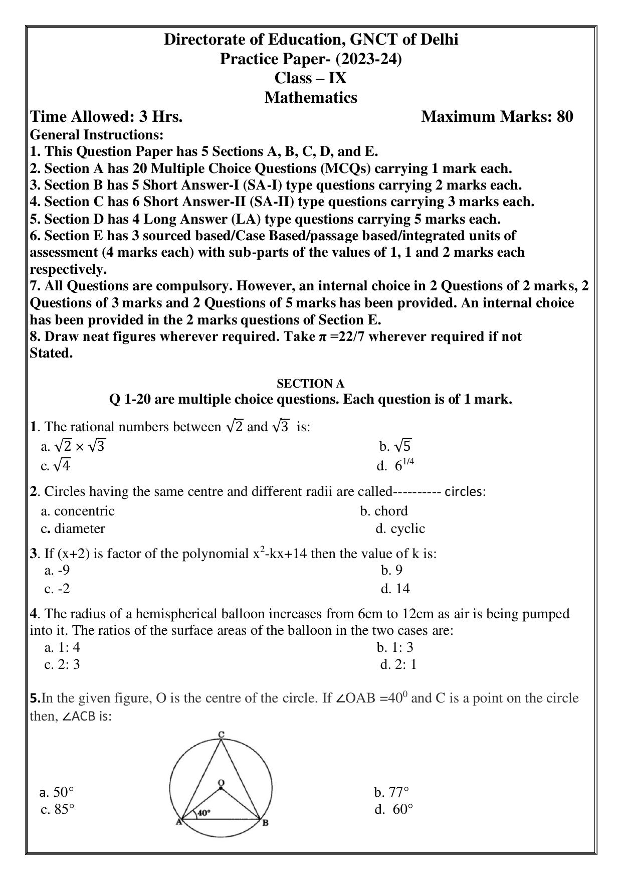 Edudel Class 9 Math (English) Practice Papers-2 (2023-24) - Page 1