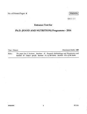 IGNOU PhD Entrance Test Ph.D (Food And Nutrition) 2016 Question Paper