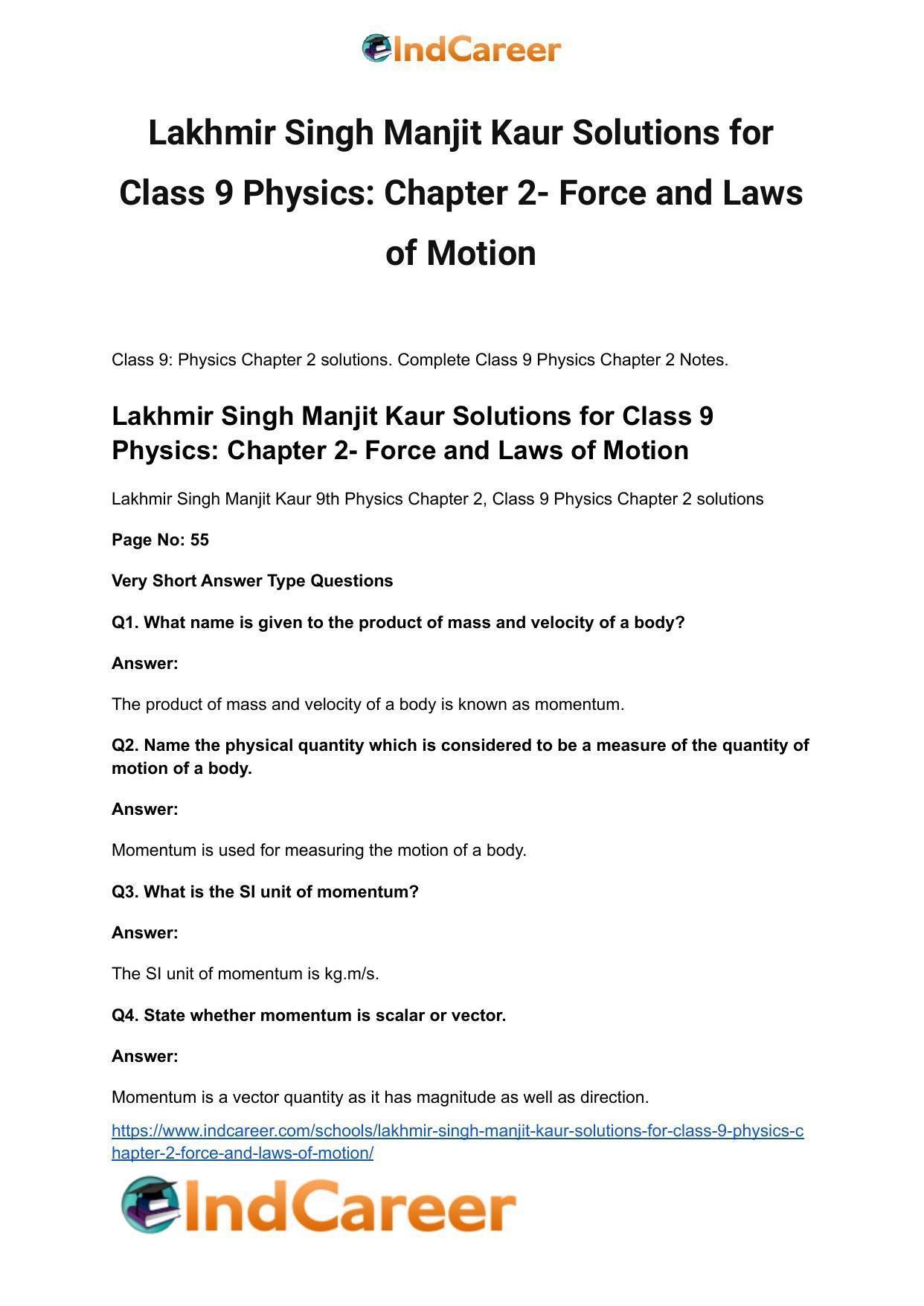 Lakhmir Singh Manjit Kaur Solutions for Class 9 Physics: Chapter 2- Force and Laws of Motion - Page 2