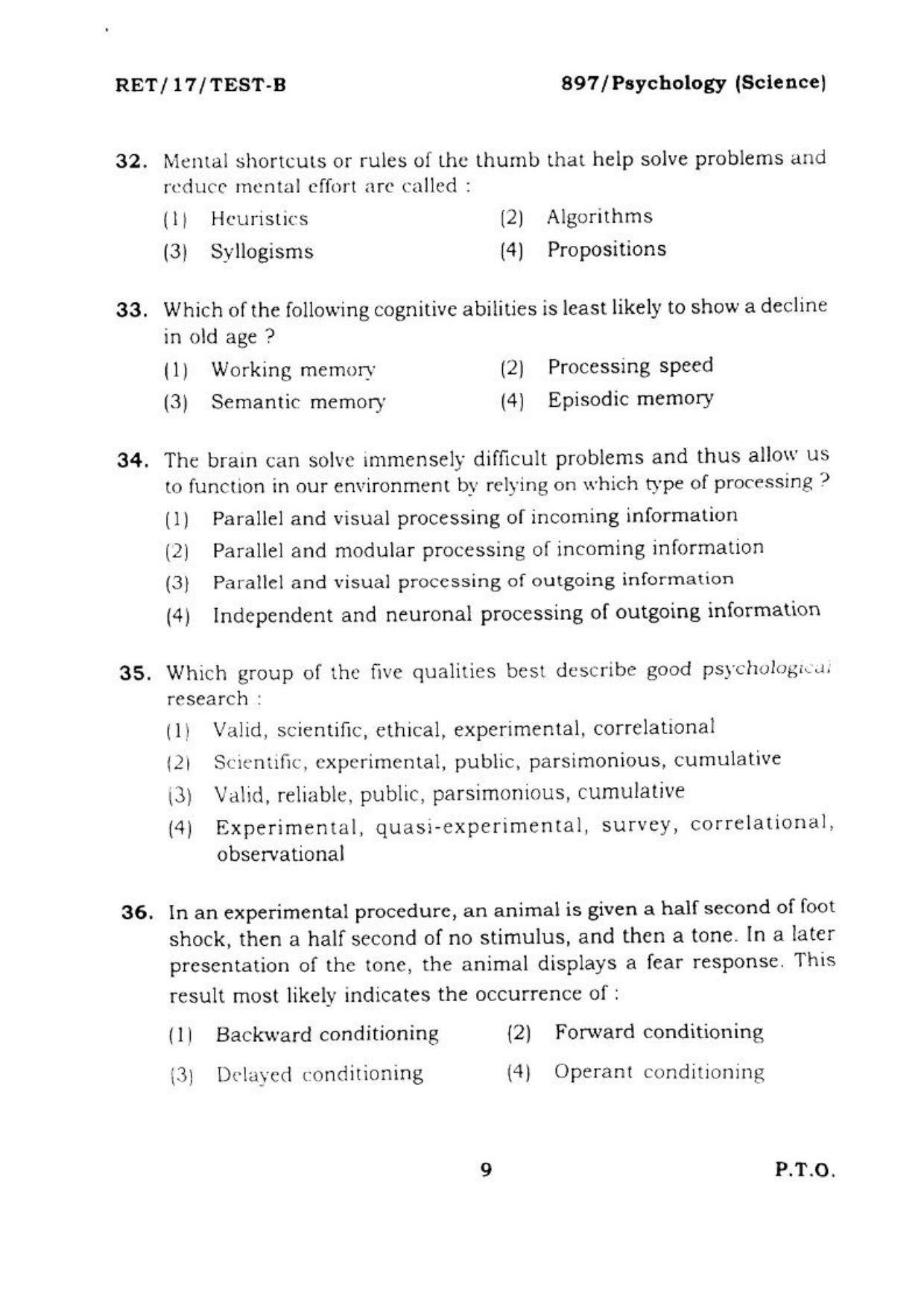 BHU RET PSYCHOLOGY SCI 2017 Question Paper - Page 10