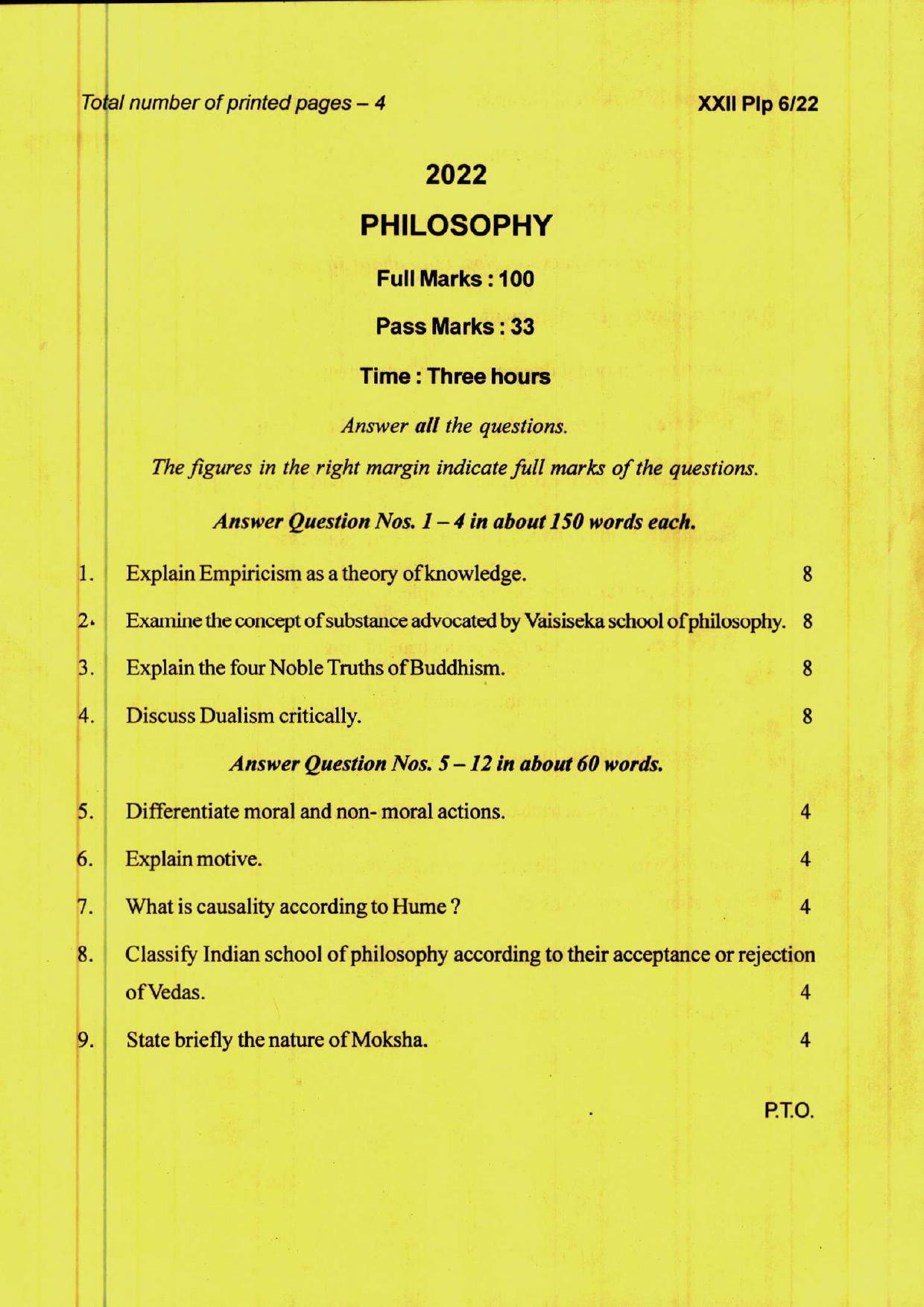 COHSEM 12th Question Papers 2022  Philosophy - Page 1