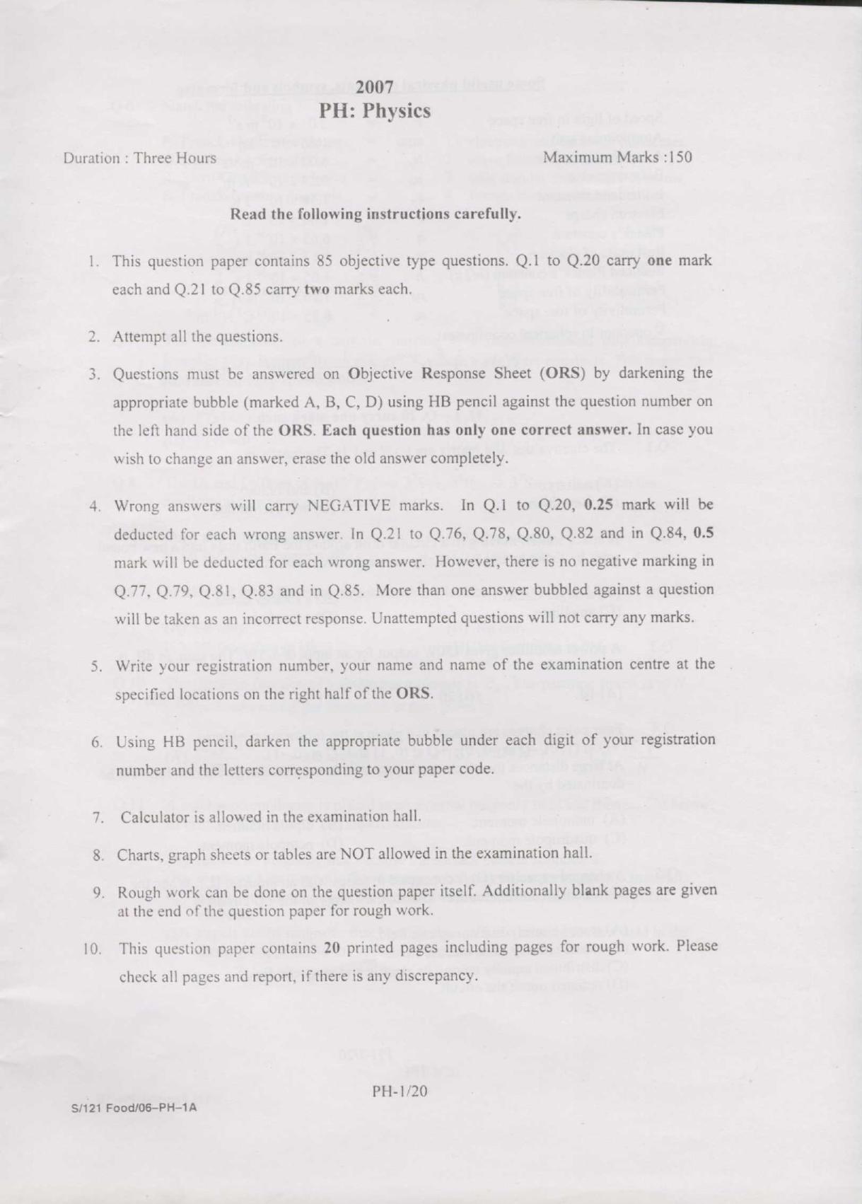 GATE 2007 Physics (PH) Question Paper with Answer Key - Page 1