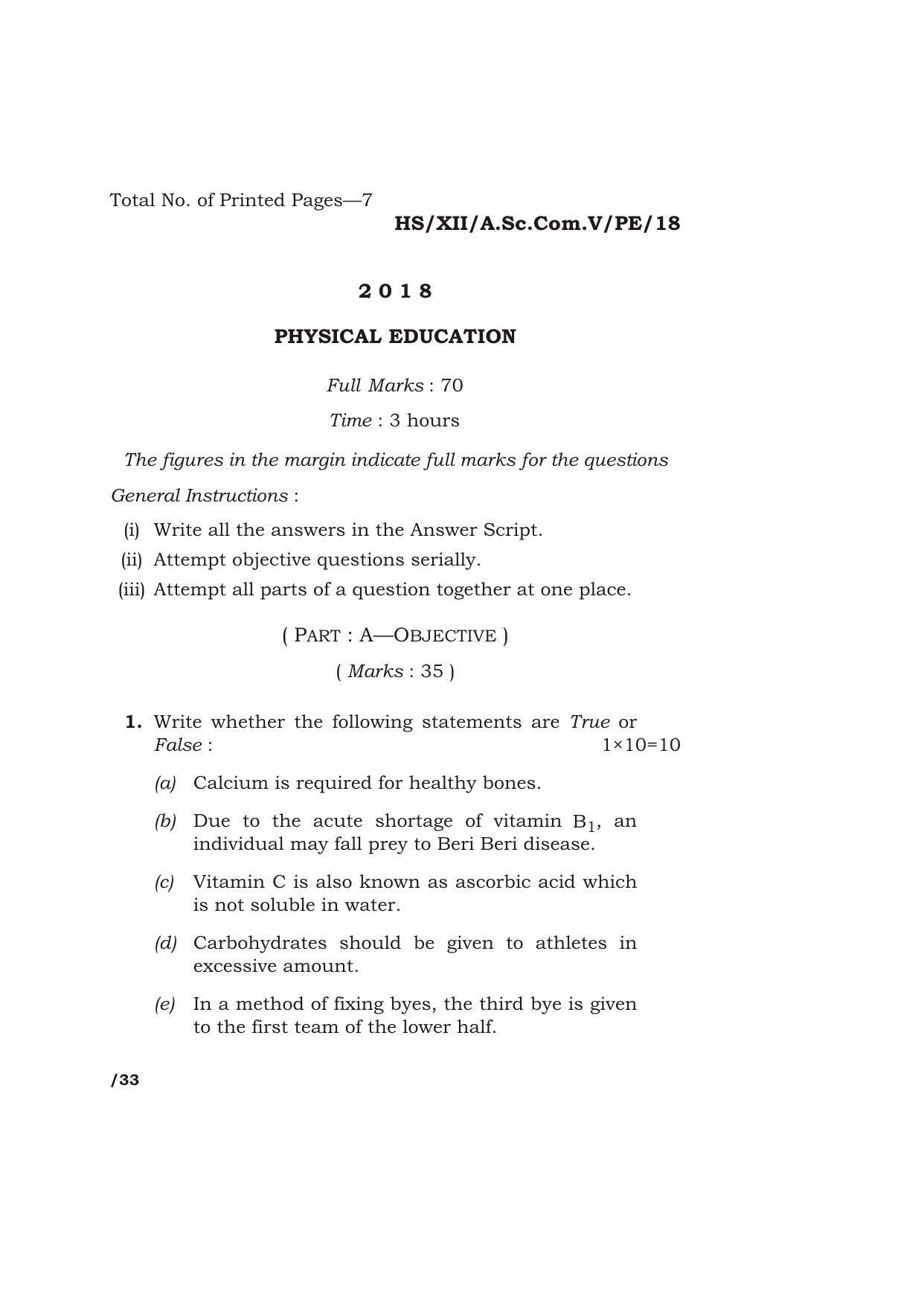 Meghalaya Board (MBOSE) Class 12 PHYSICAL EDUCATION 2018 Question Paper - Page 1