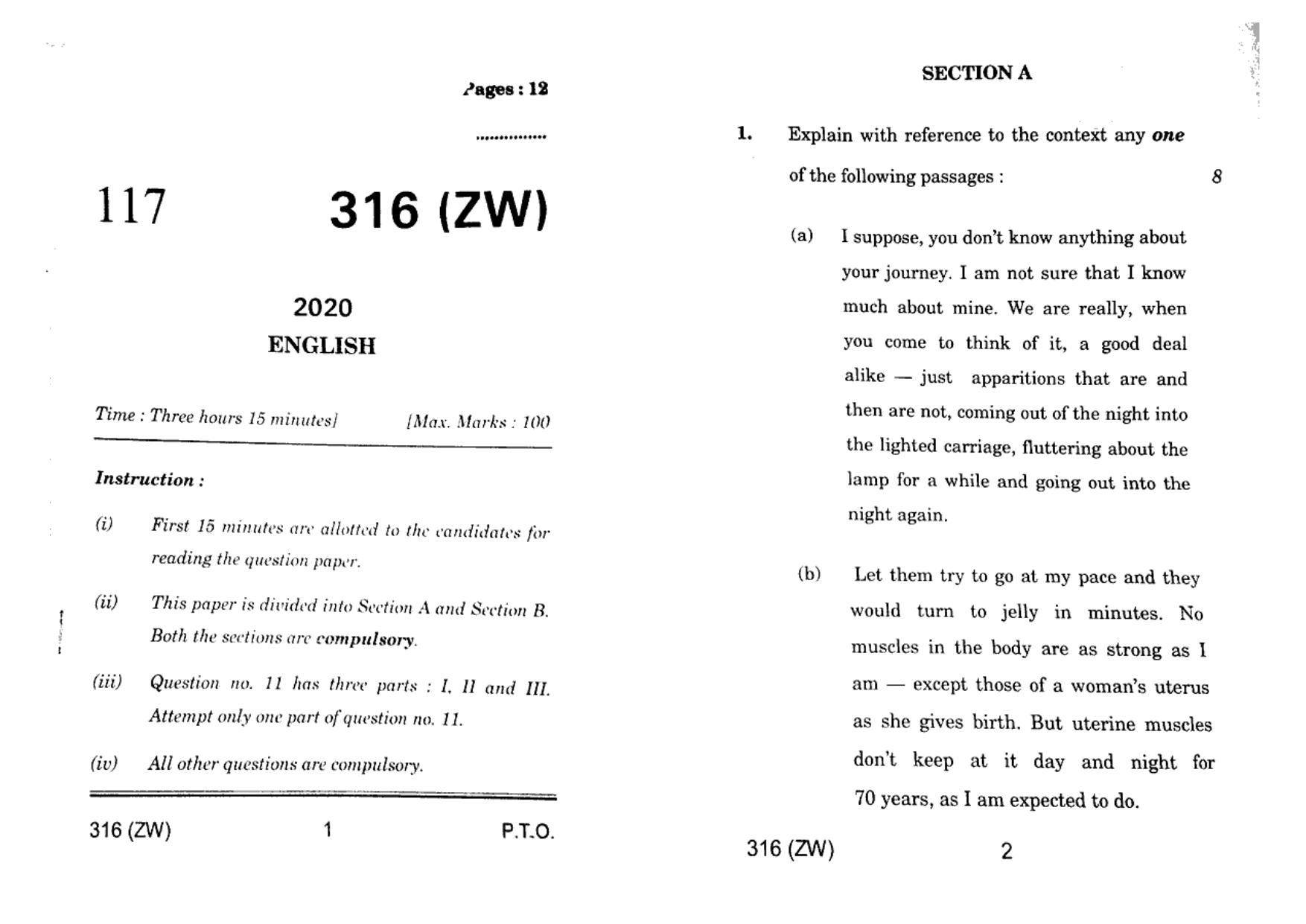 UP Board Previous Year Question Paper Class 12 English (316 ZW) – 2020 - Page 1