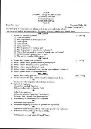 Bilaspur University Question Paper June 2022:M.Sc. Geology(Fourth Semester) Hydrogeology paper 1