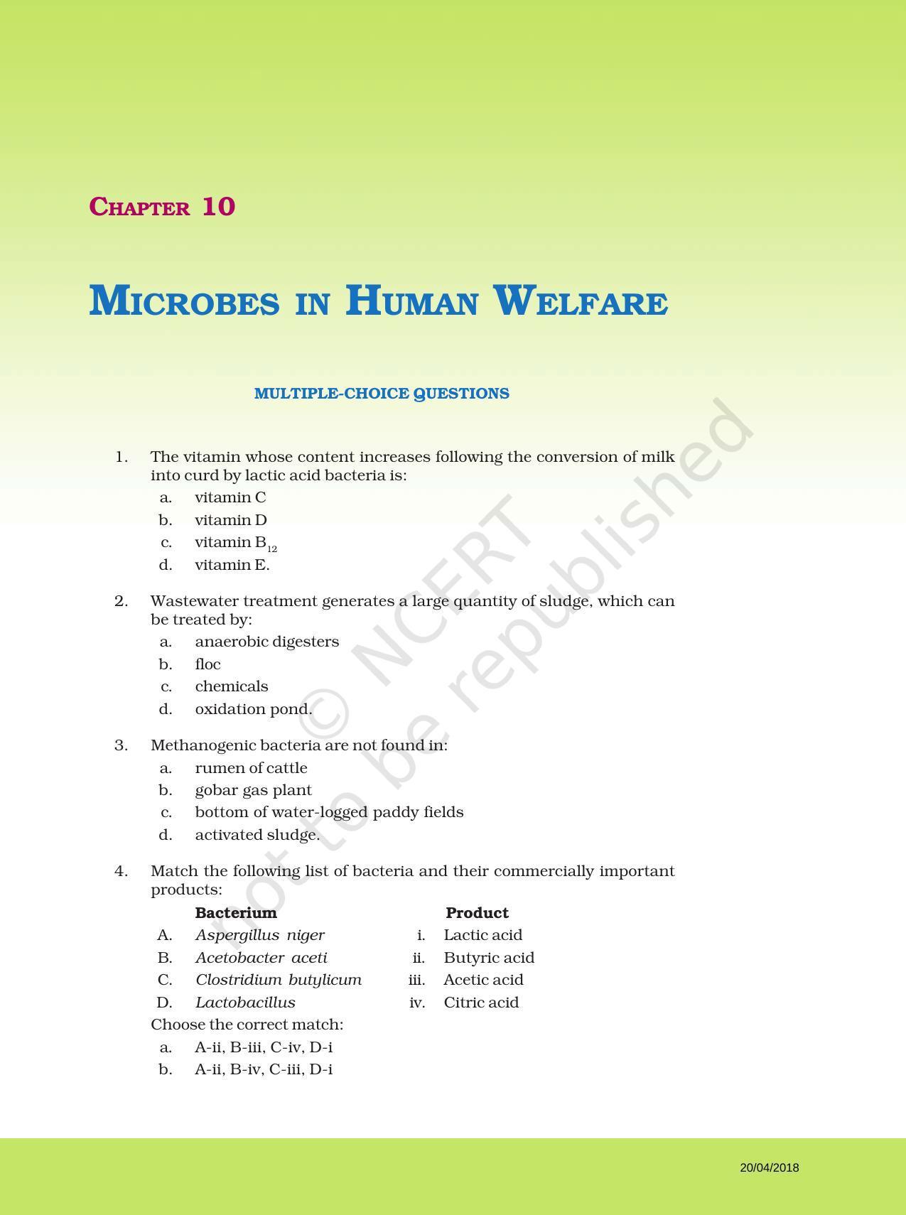 NCERT Exemplar Book for Class 12 Biology: Chapter 10 Microbes in Human Welfare - Page 1