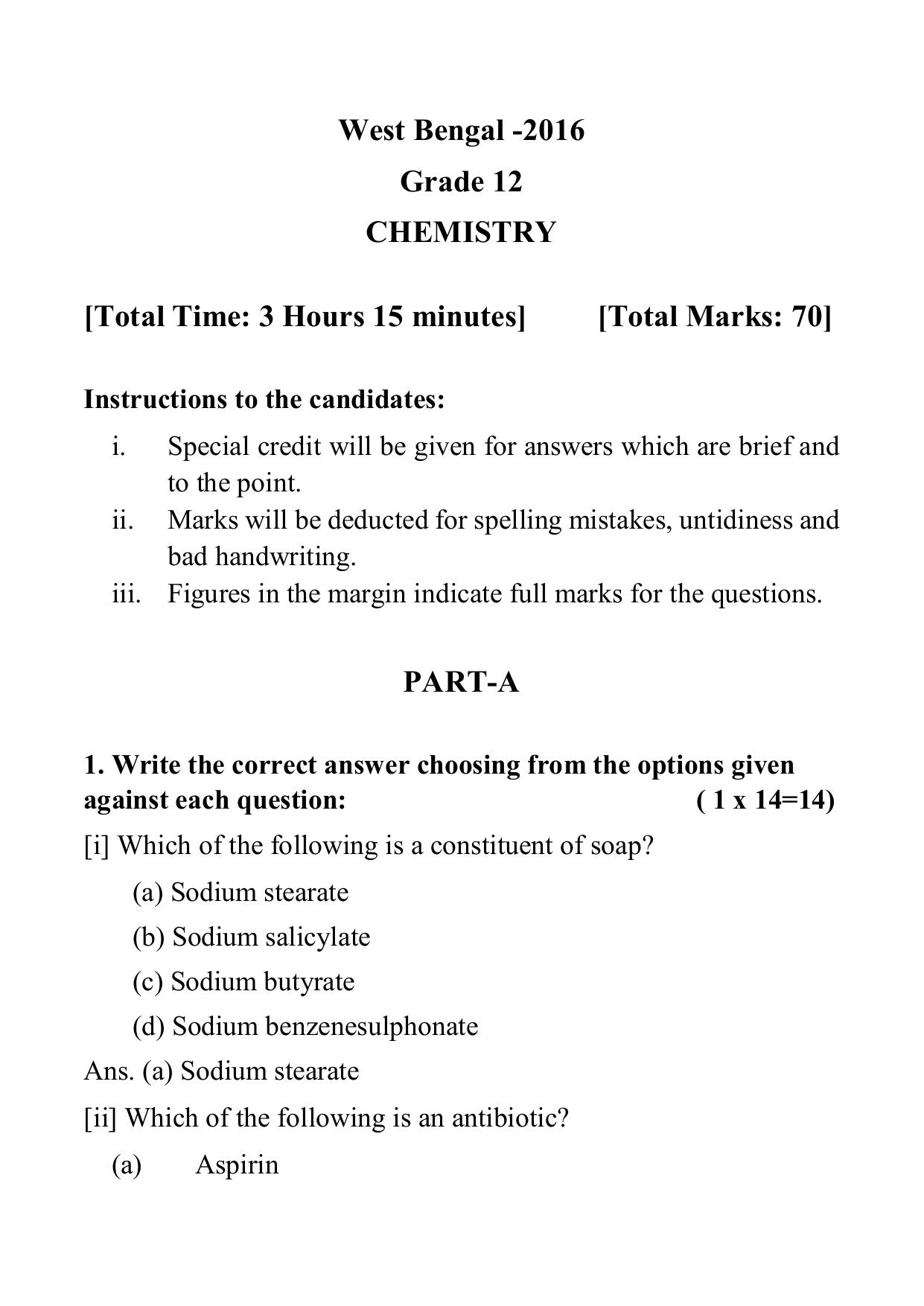 West Bengal Board Class 12 Chemistry 2016 Question Paper - Page 1