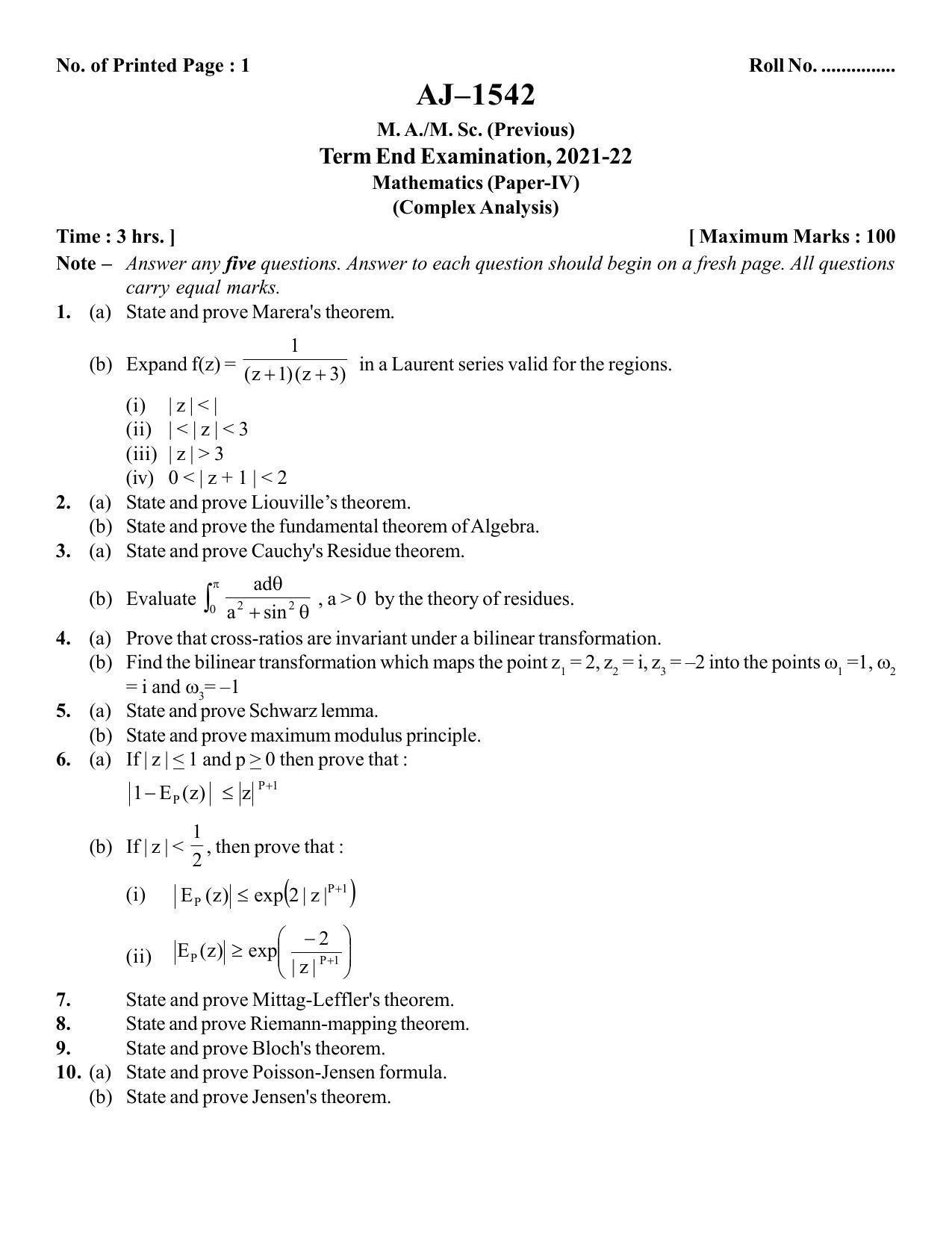 Bilaspur University Question Paper 2021-2022:M.A (Previous) Mathematics Complex Analysis Paper 1 - Page 1