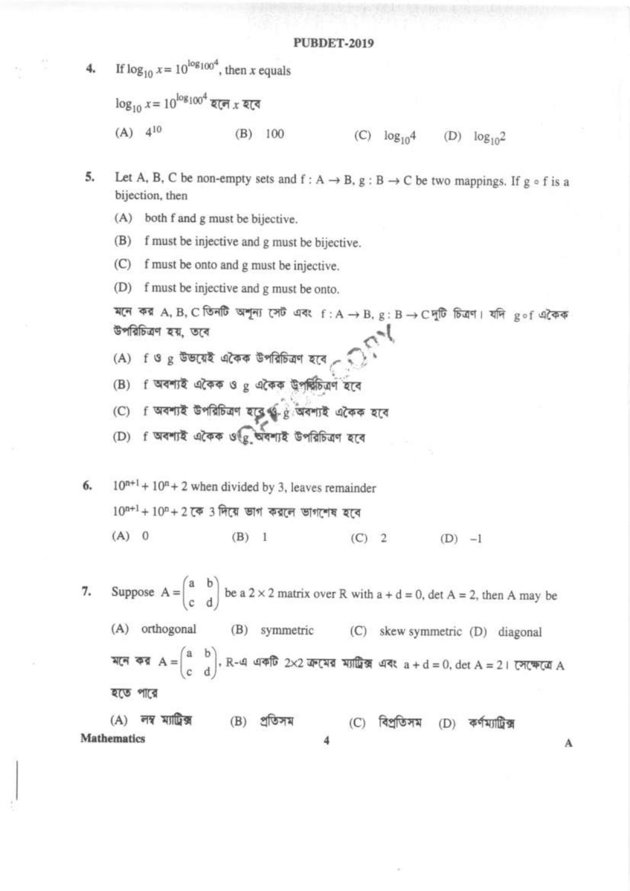 PUBDET 2019 Mathematics Question Paper - Page 3