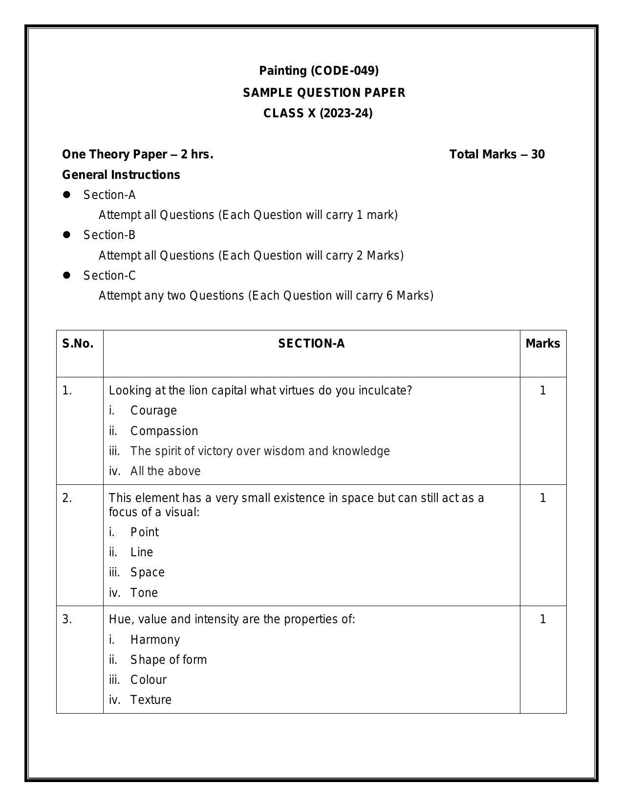 CBSE Class 10 Painting Sample Paper 2024 - Page 1