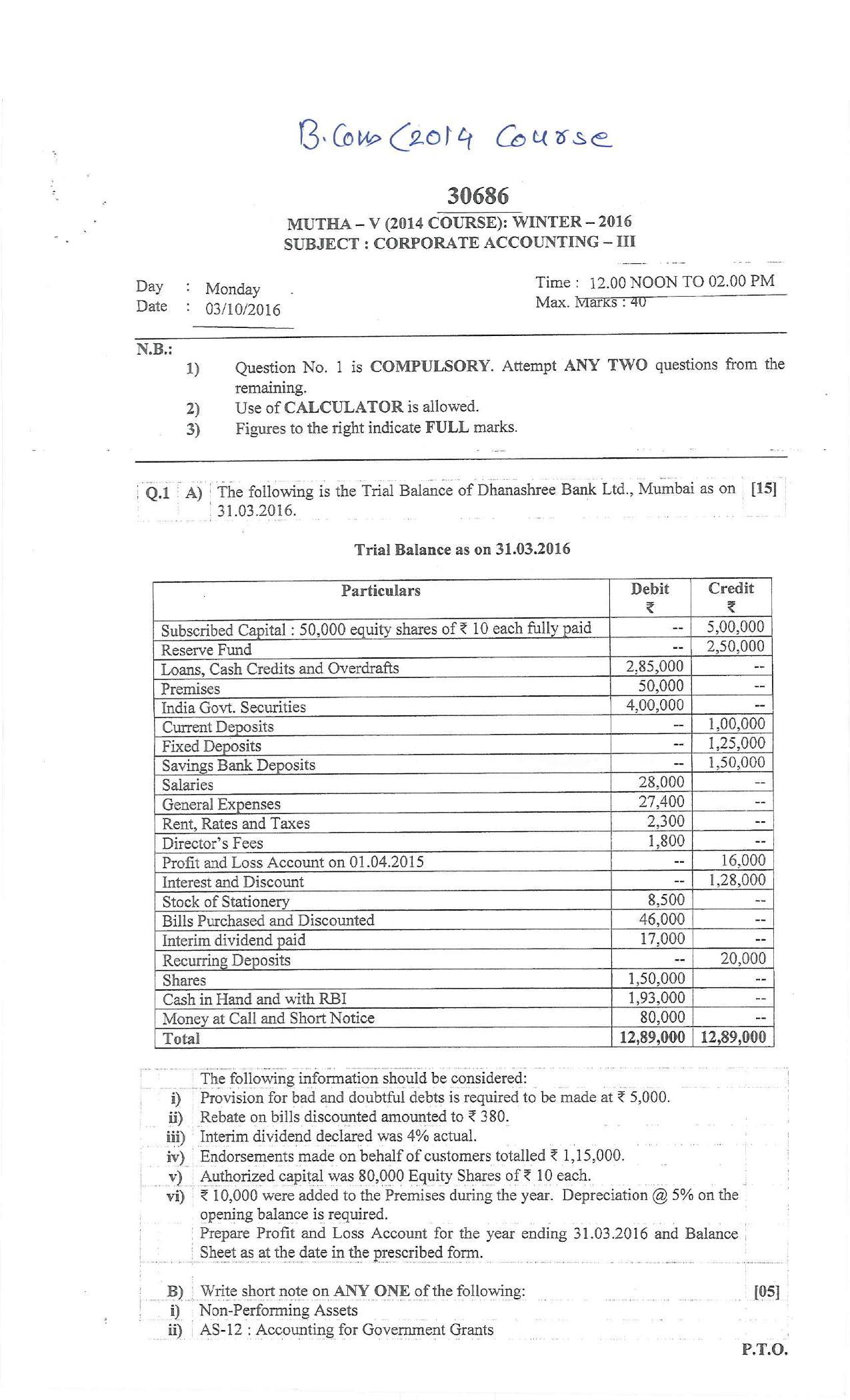 Bharati Vidyapeeth B.COM. 2014 COURSE File Question Paper - Page 1