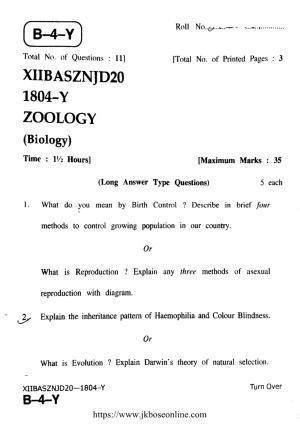 JKBOSE Class 12 Biology-Zoology 1804-Y Question Papers 2020