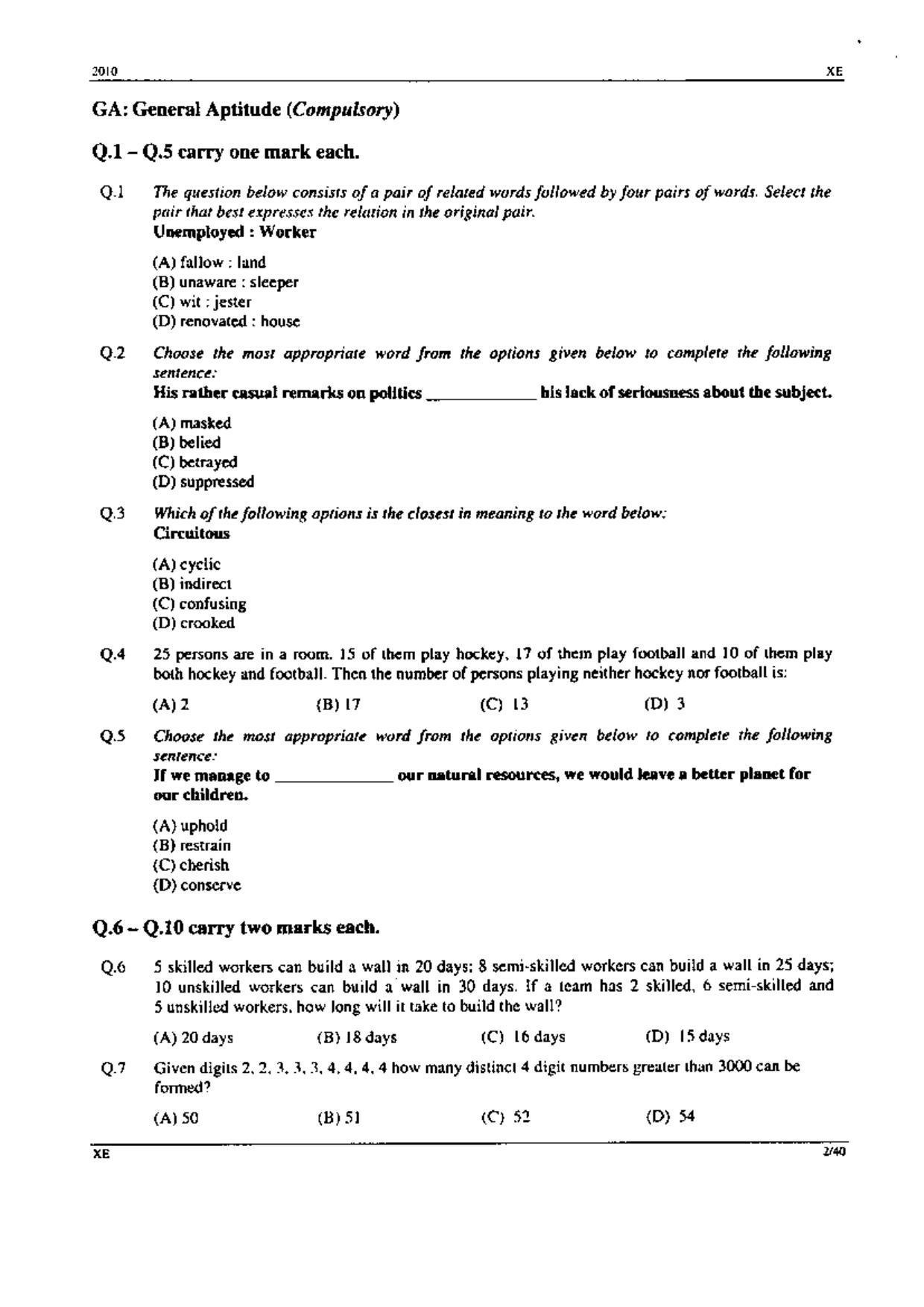 GATE 2010 Engineering Sciences (XE) Question Paper with Answer Key - Page 2
