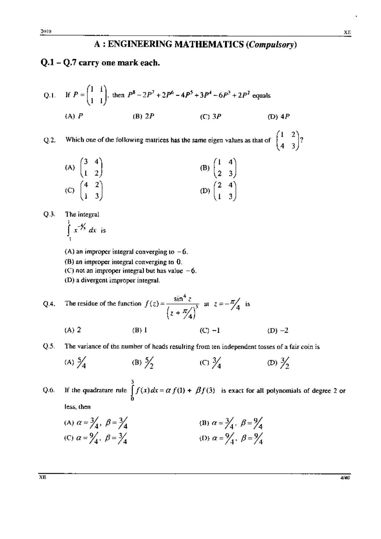 GATE 2010 Engineering Sciences (XE) Question Paper with Answer Key - Page 4