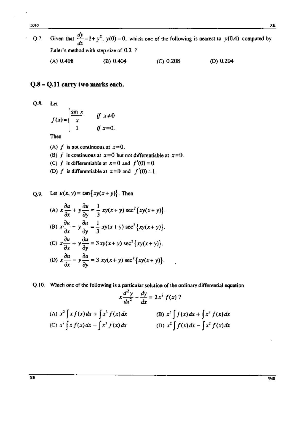 GATE 2010 Engineering Sciences (XE) Question Paper with Answer Key - Page 5