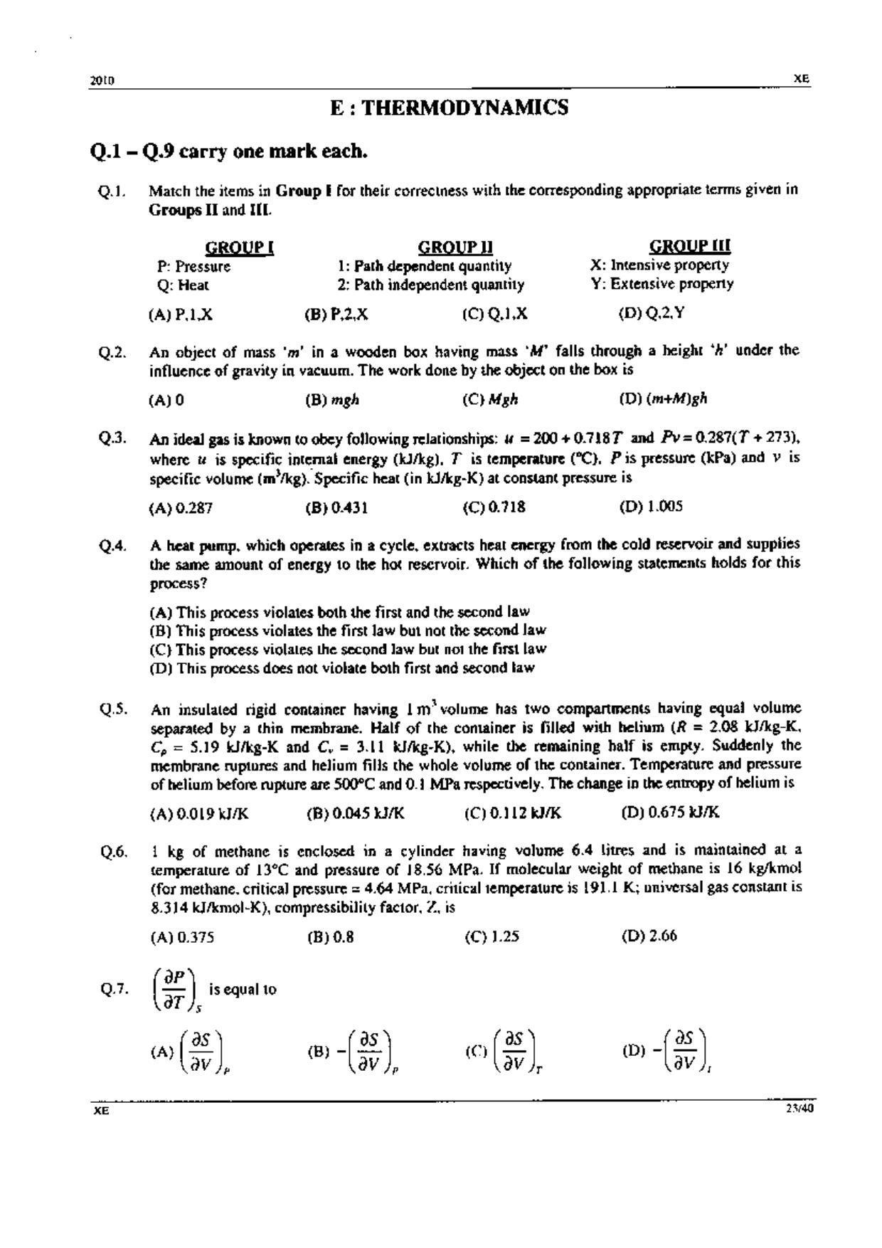GATE 2010 Engineering Sciences (XE) Question Paper with Answer Key - Page 23