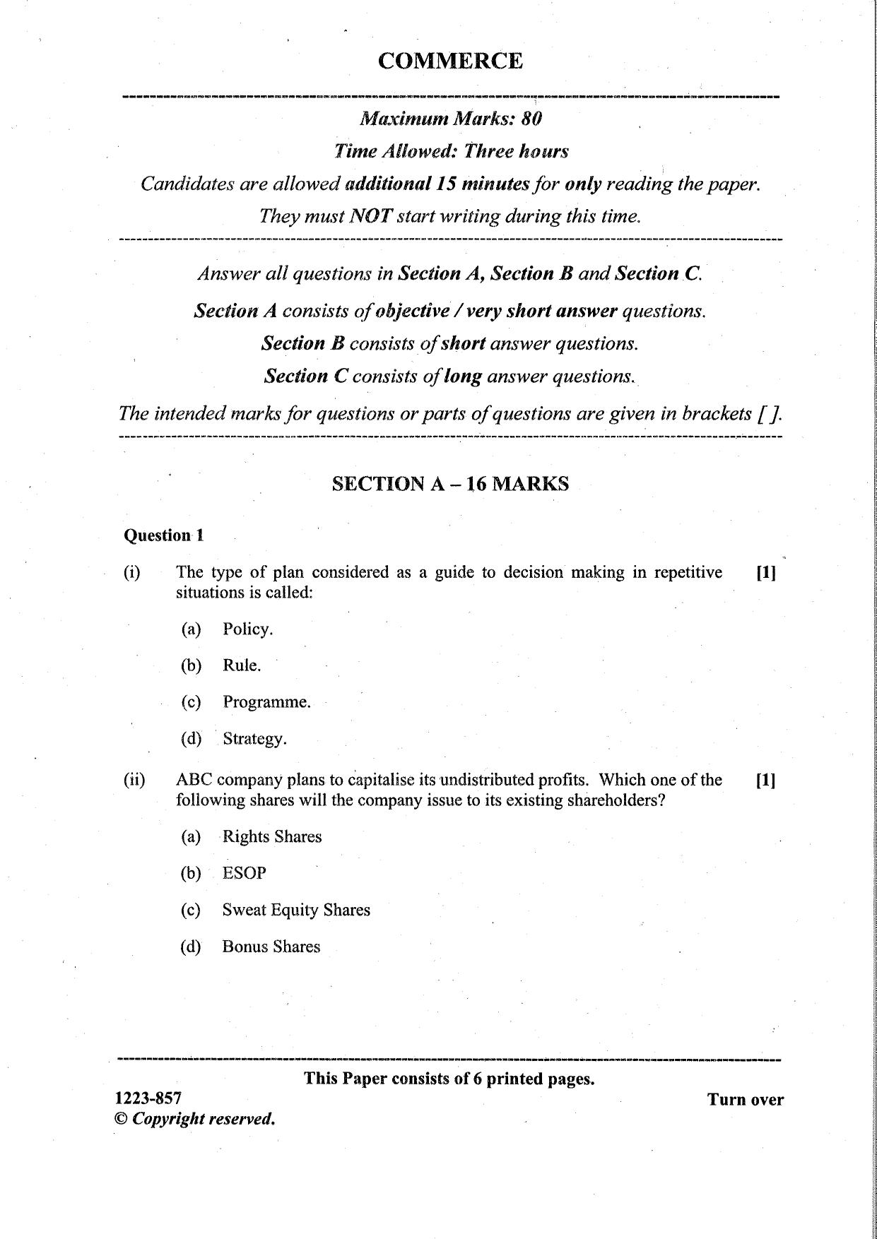 ISC Class 12 Commerce 2023 Question Paper - Page 1