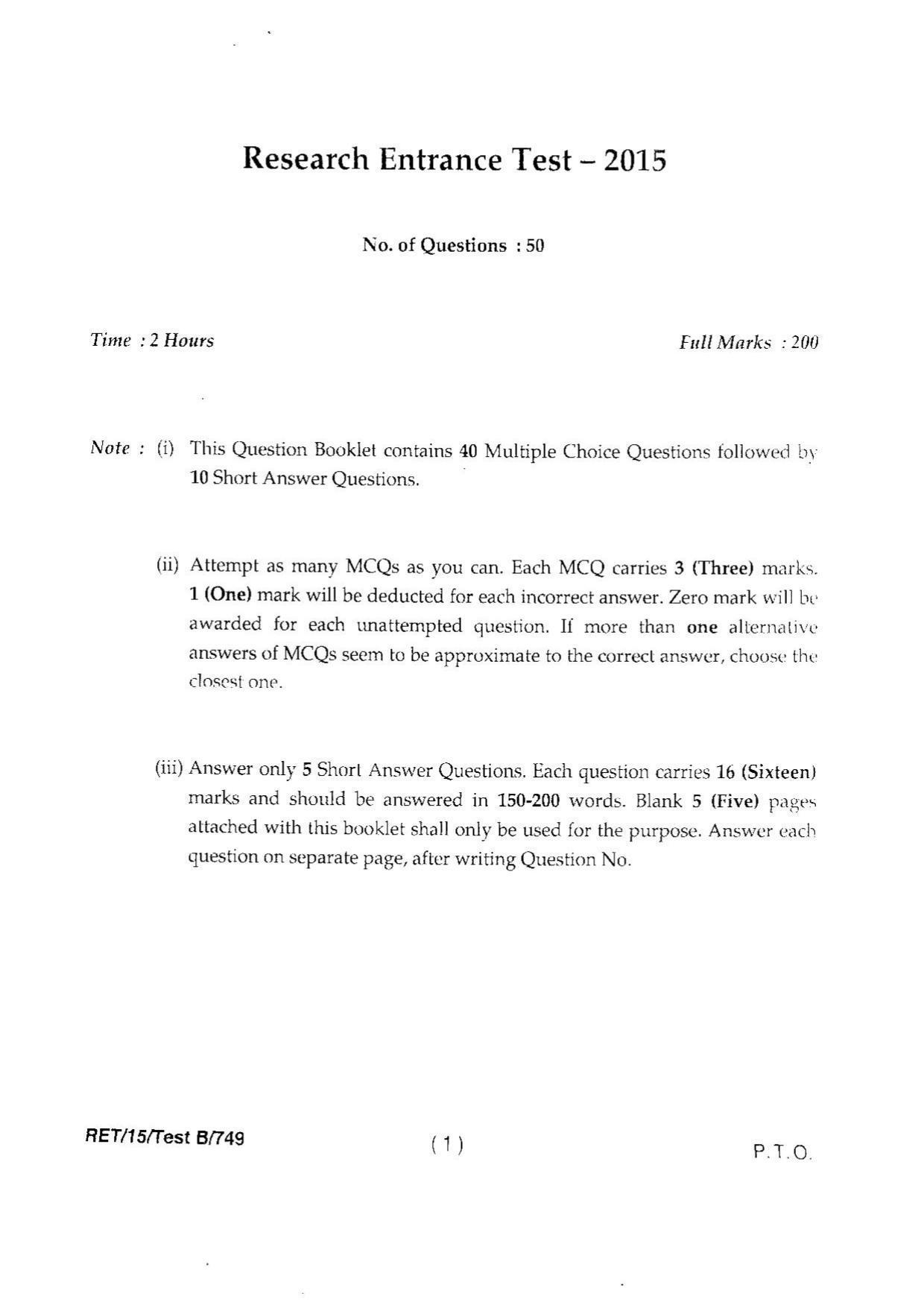 BHU RET PLANT PHYSIOLOGY 2015 Question Paper - Page 3