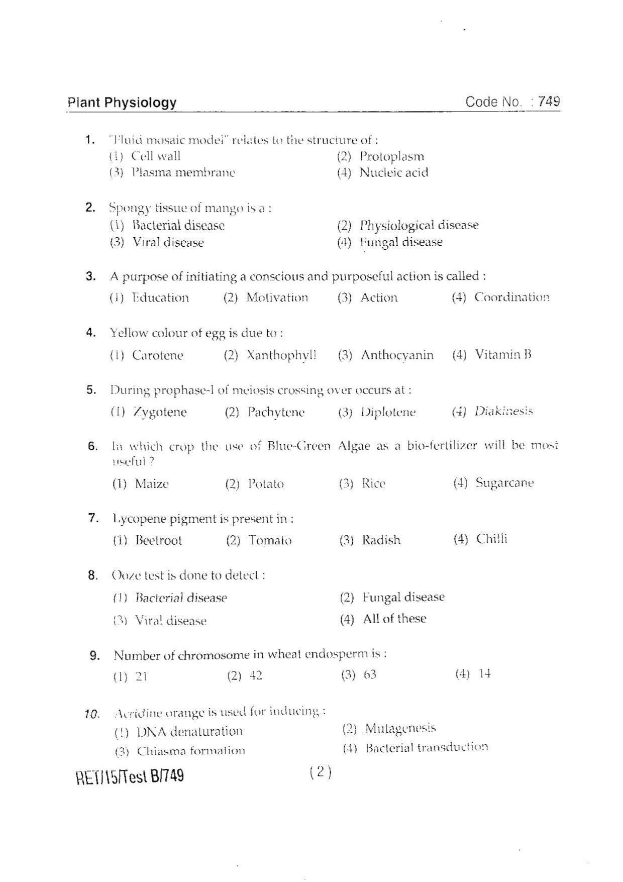 BHU RET PLANT PHYSIOLOGY 2015 Question Paper - Page 4
