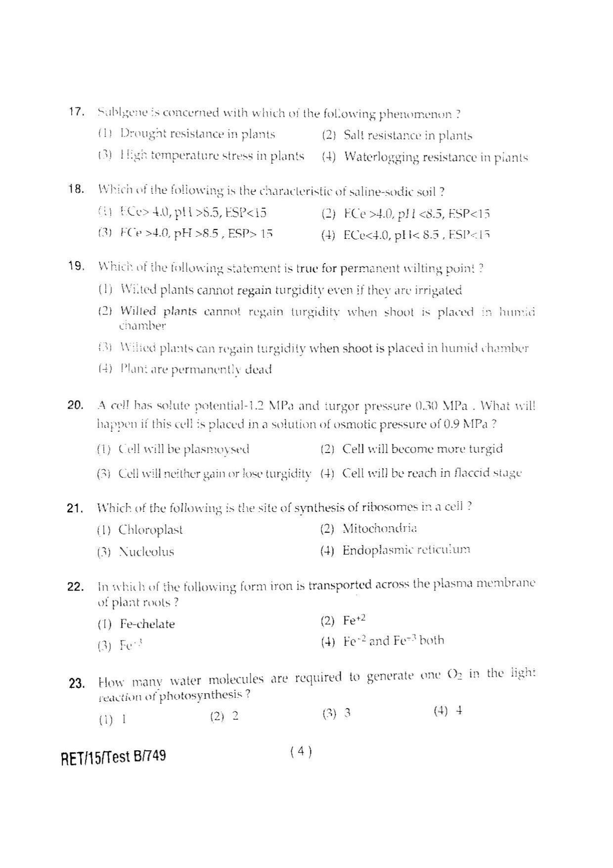BHU RET PLANT PHYSIOLOGY 2015 Question Paper - Page 6