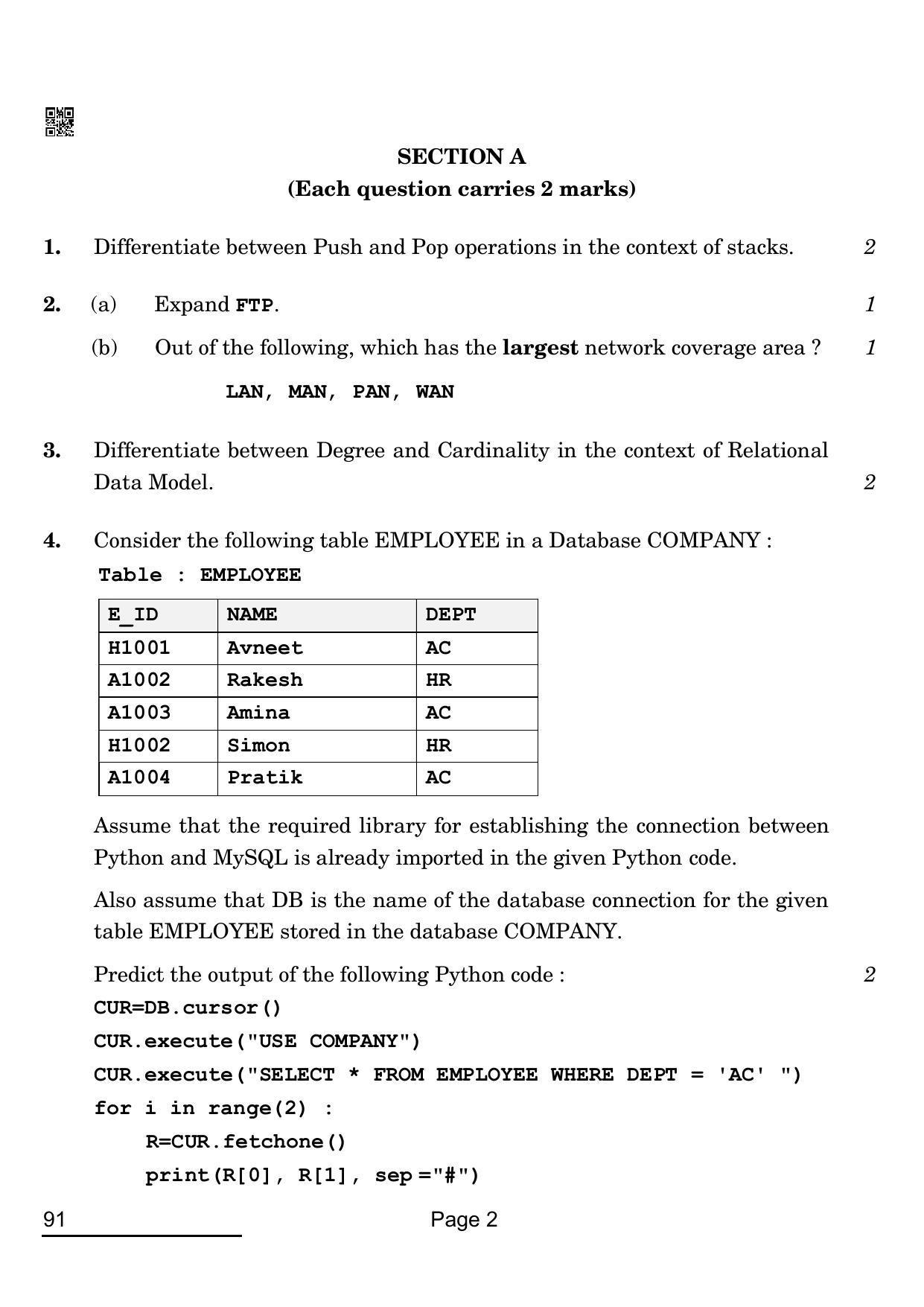 CBSE Class 12 91 Computer Science 2022 Compartment Question Paper - Page 2