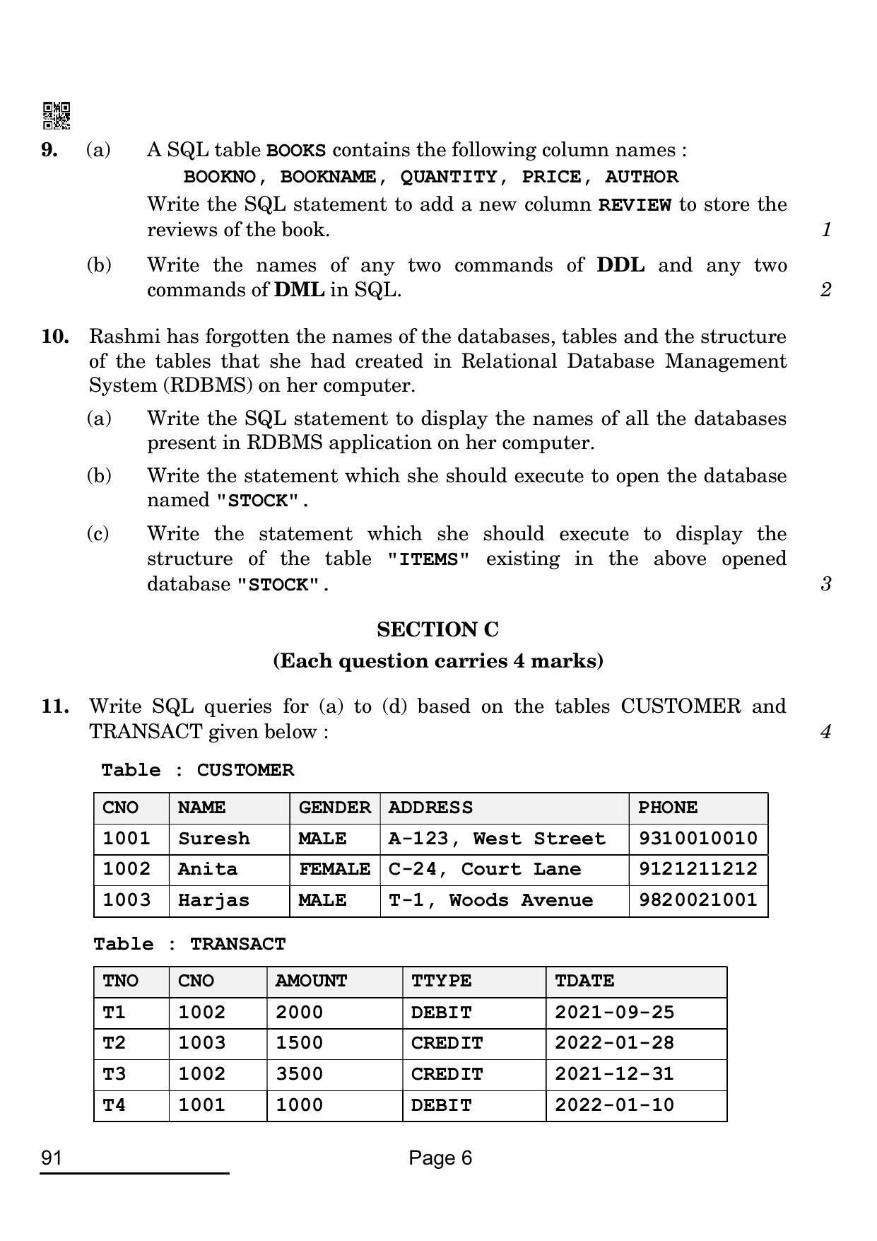 CBSE Class 12 91 Computer Science 2022 Compartment Question Paper - Page 6