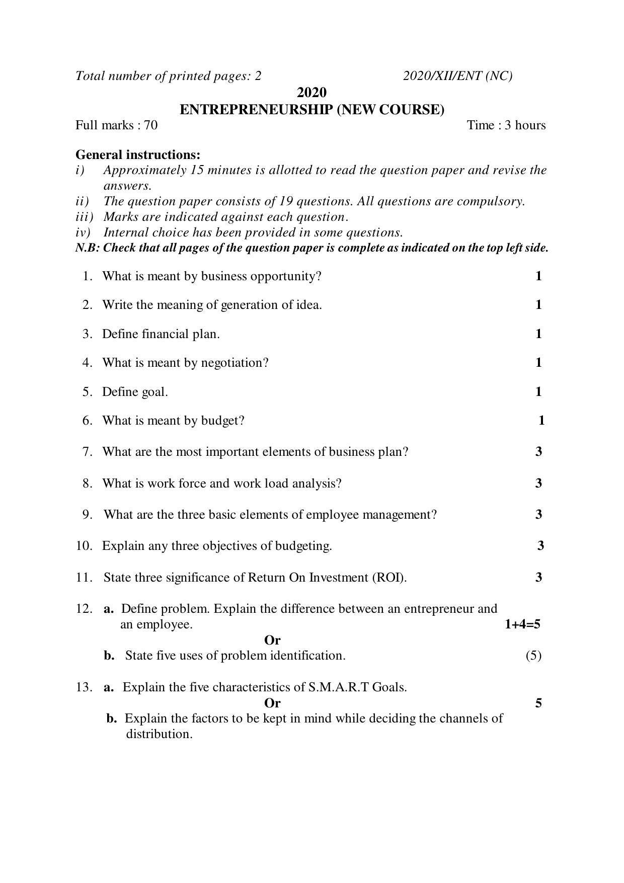 Nagaland Board Class 12 ENTREPRENEURSHIP (NEW COURSE) 2020 Question Papers - Page 1
