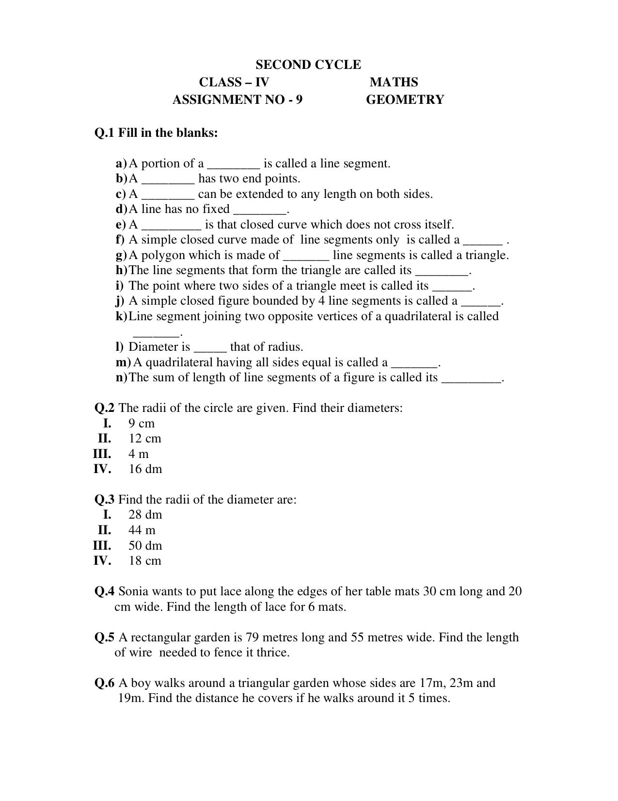 Worksheet for Class 4 Maths Assignment 1 - Page 1