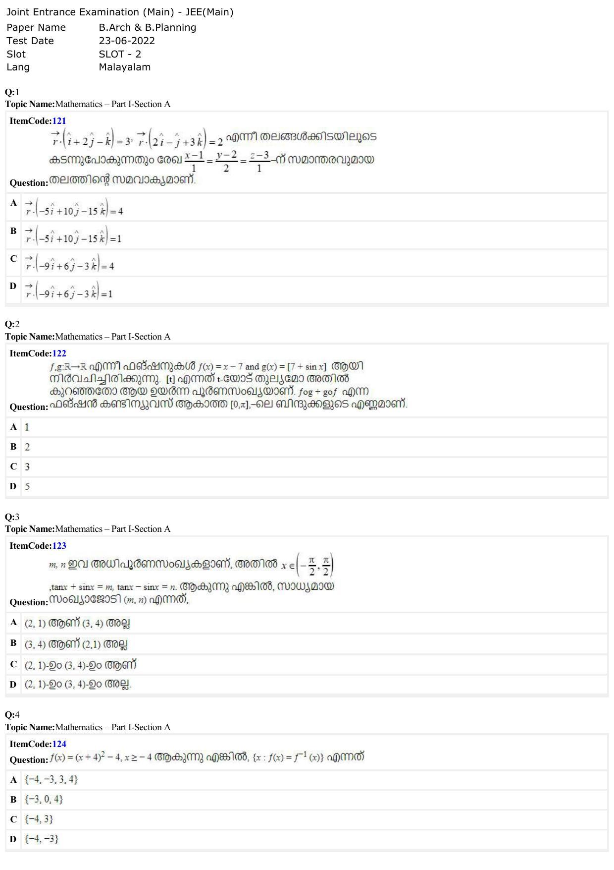 JEE Mains 2022: B Arch & B Planning Malayalam (Shift A2) 23-06-2022 Question Paper - Page 1