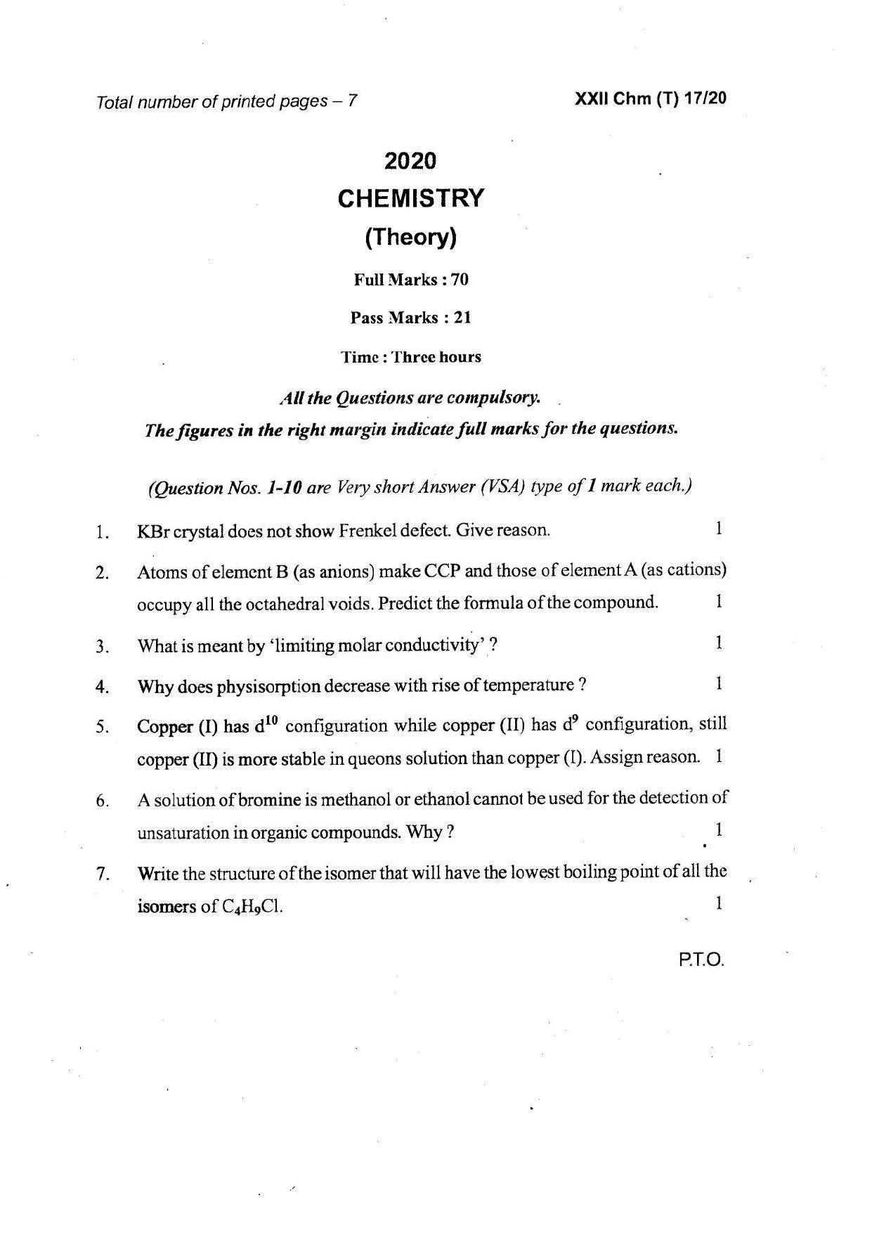 COHSEM Class 12 Chemistry Question Papers 2020 - Page 1