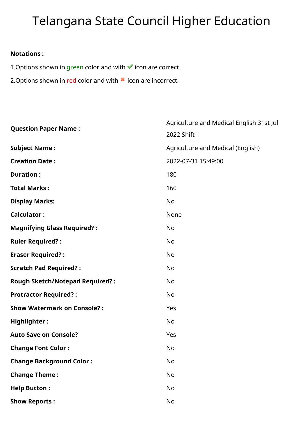 TS EAMCET 2022 Agriculture and Medical  Question Paper with Key (31 July 2022 Forenoon (English )) - Page 1