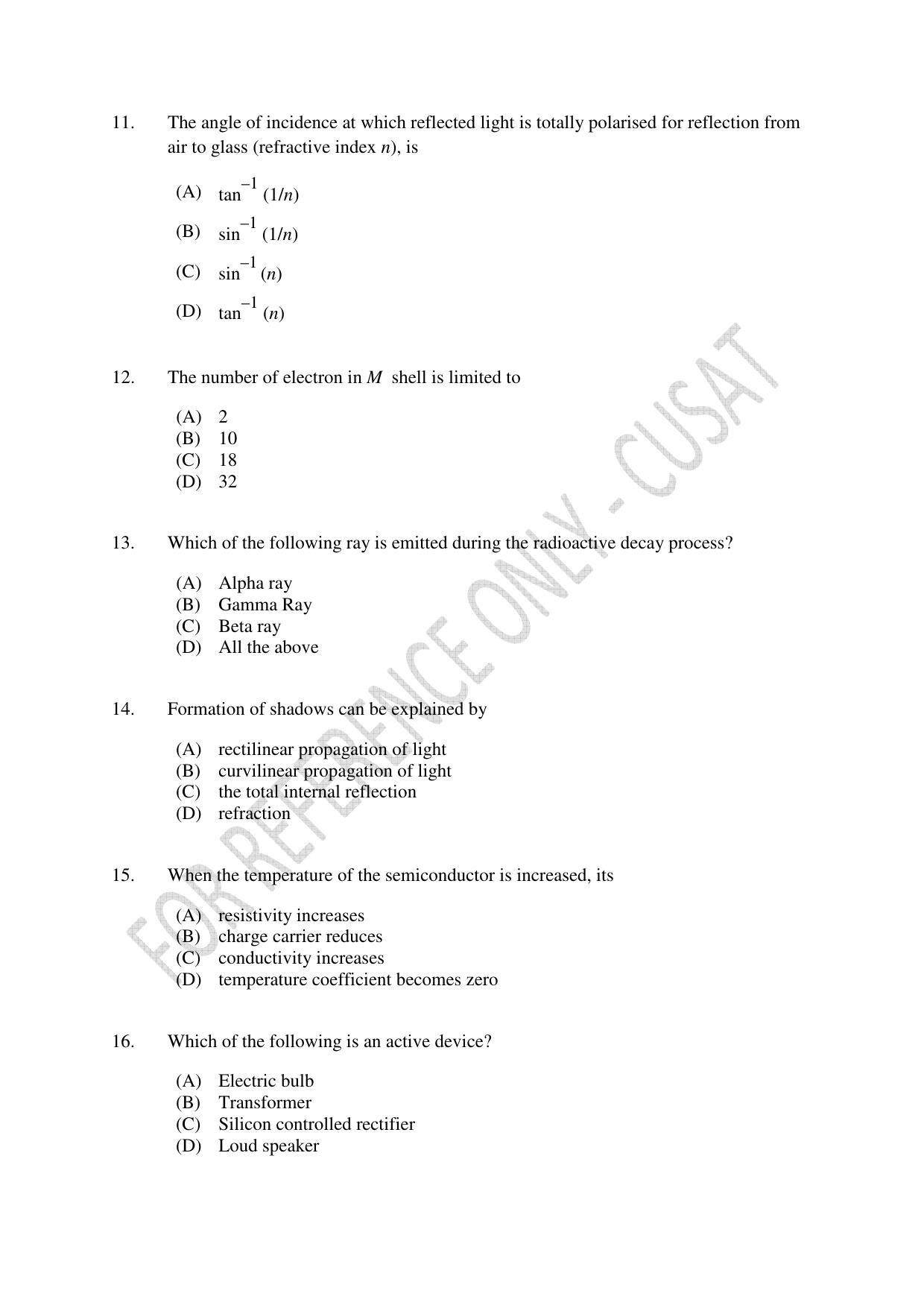 CUSAT CAT 2022 Test in Physics Chemistry and Biology for Five year Integrated MSc Question Paper - Page 3