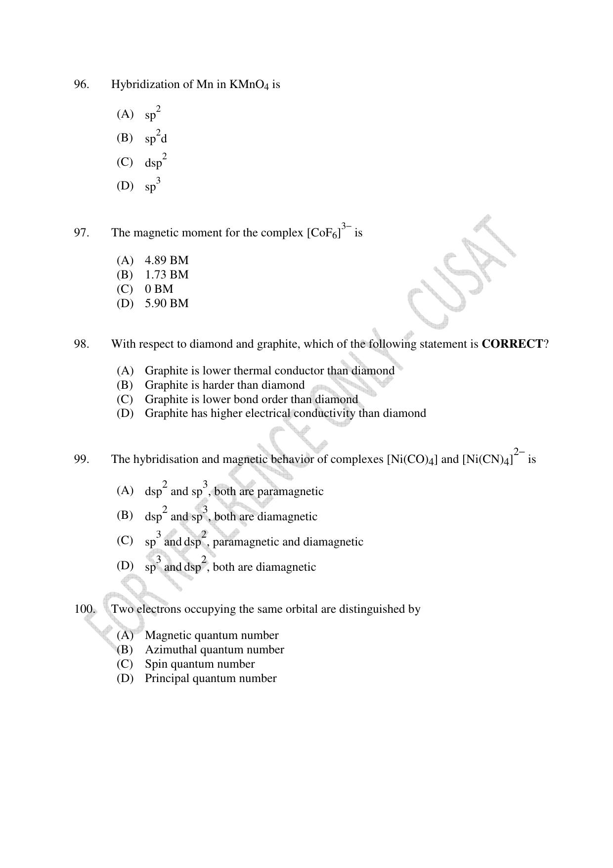 CUSAT CAT 2022 Test in Physics Chemistry and Biology for Five year Integrated MSc Question Paper - Page 21