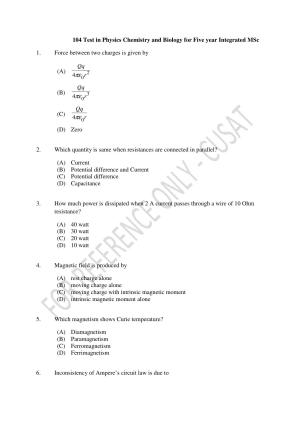 CUSAT CAT 2022 Test in Physics Chemistry and Biology for Five year Integrated MSc Question Paper