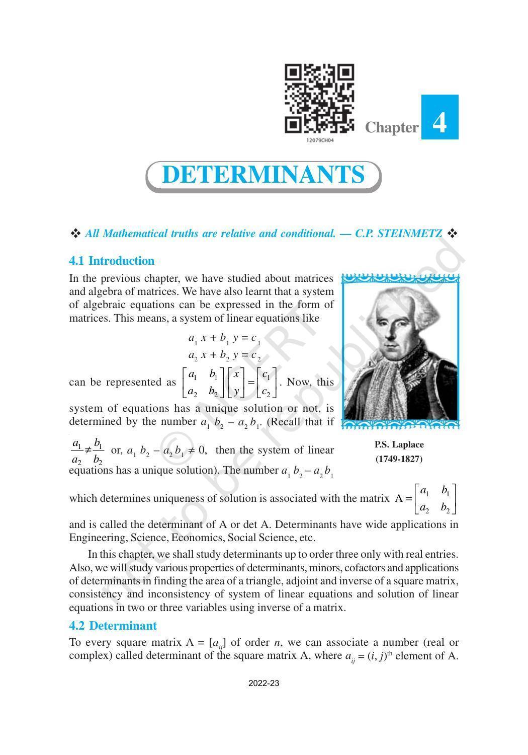NCERT Book for Class 12 Maths Chapter 4 Determinants - Page 1
