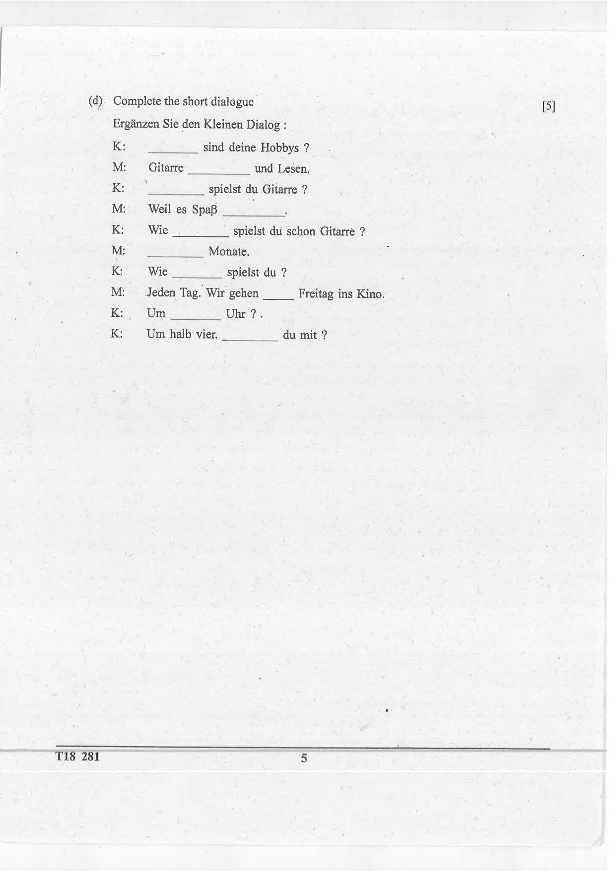 ICSE Class 10 German 2018 Question Paper - Page 5