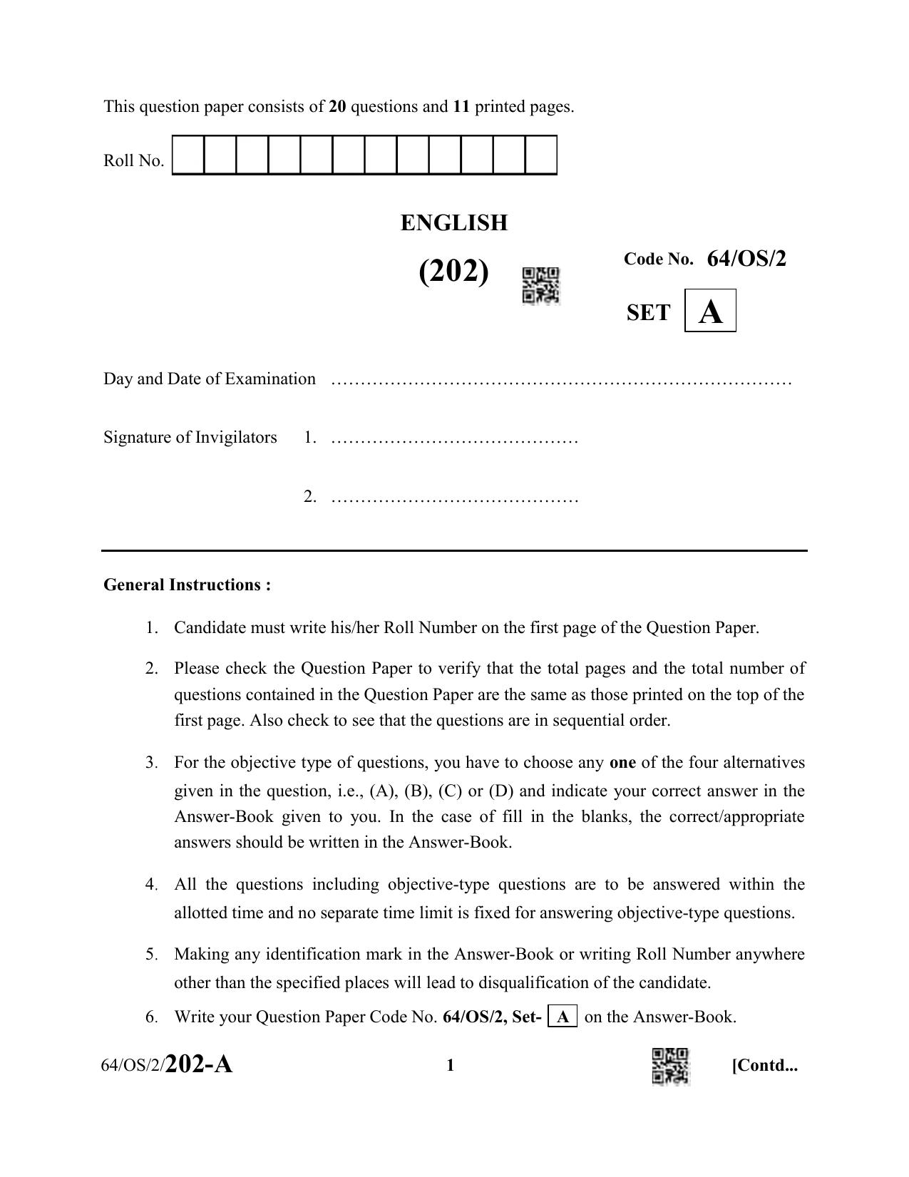 NIOS October 2022 Class 10 English Question Paper - Page 1