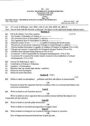 Bilaspur University Question Paper June 2022: M.Sc. Microbiology (Fourth semester) Microbial Ecology & Forest Microbiology Paper 1
