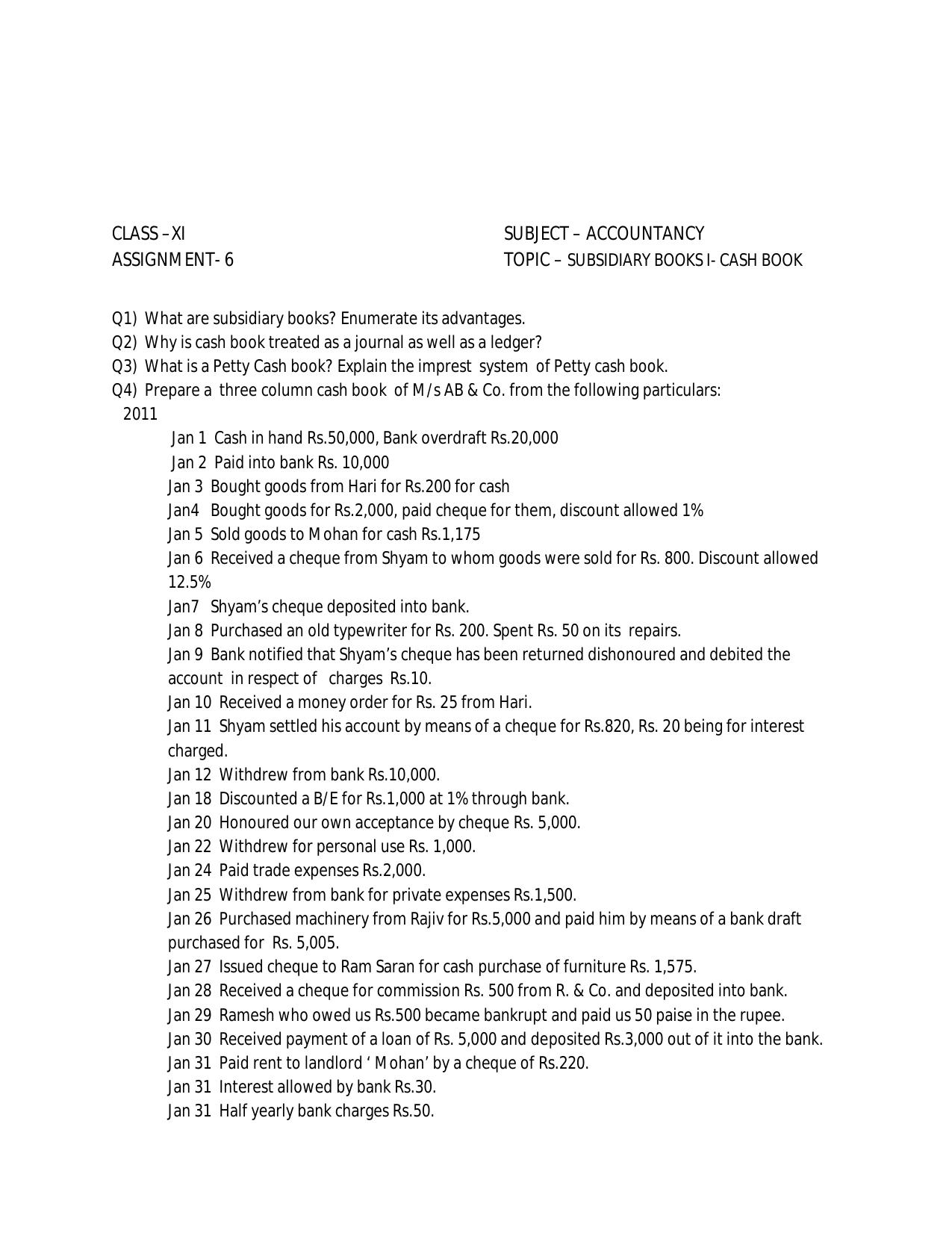 CBSE Worksheets for Class 11 Accountancy Assignment 10 - Page 1