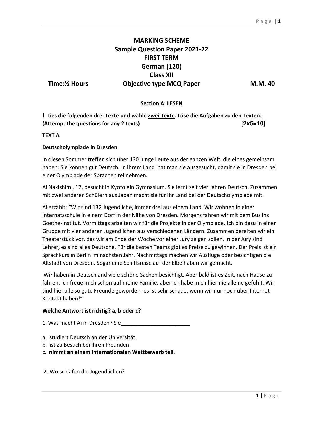CBSE Class 12th German Sample Question Paper Answer Key 2021-22 - Page 1