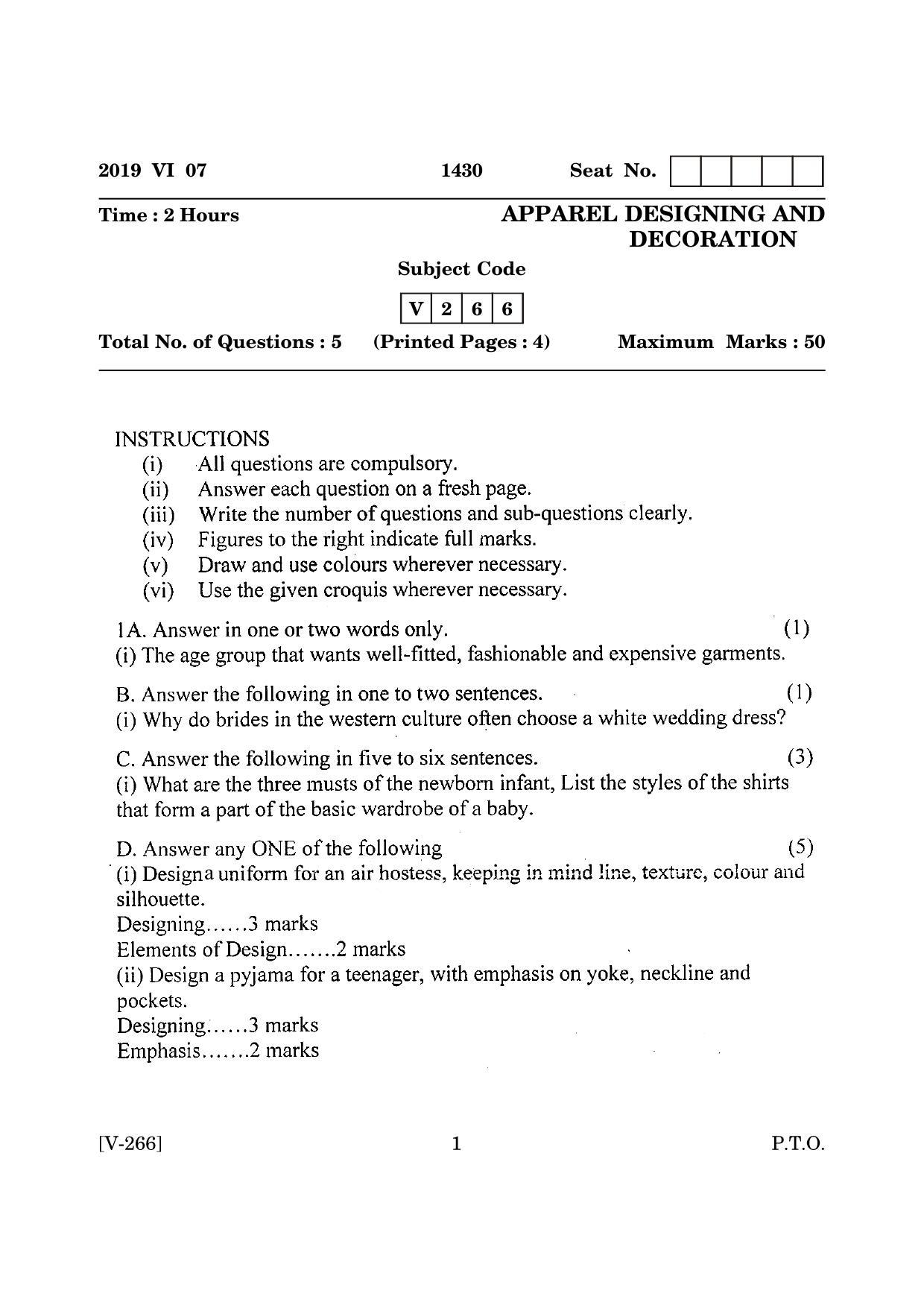 Goa Board Class 12 Apparel Designing & Decoration  2019 (June 2019) Question Paper - Page 1