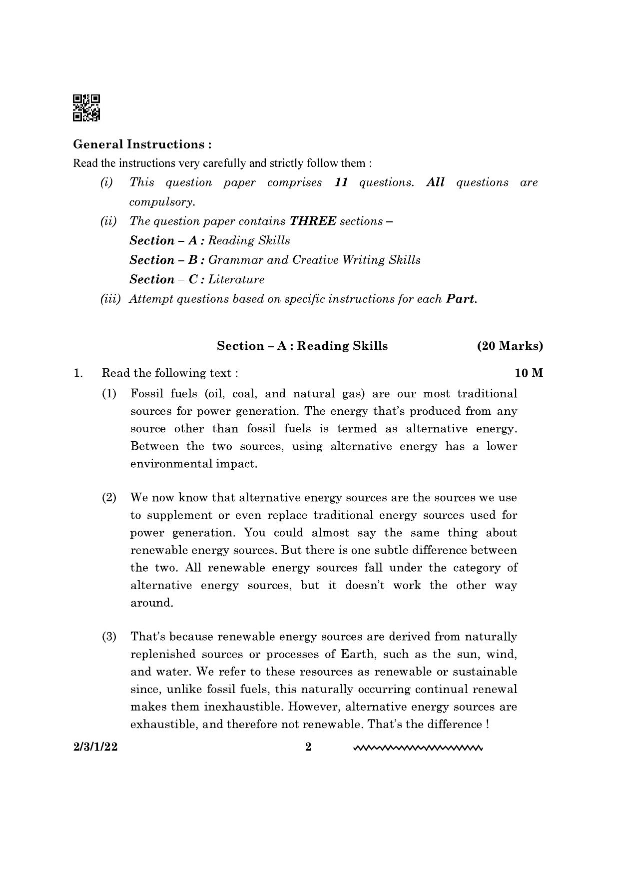 CBSE Class 10 2-3-1 English Literature 2024 Question Paper - Page 2