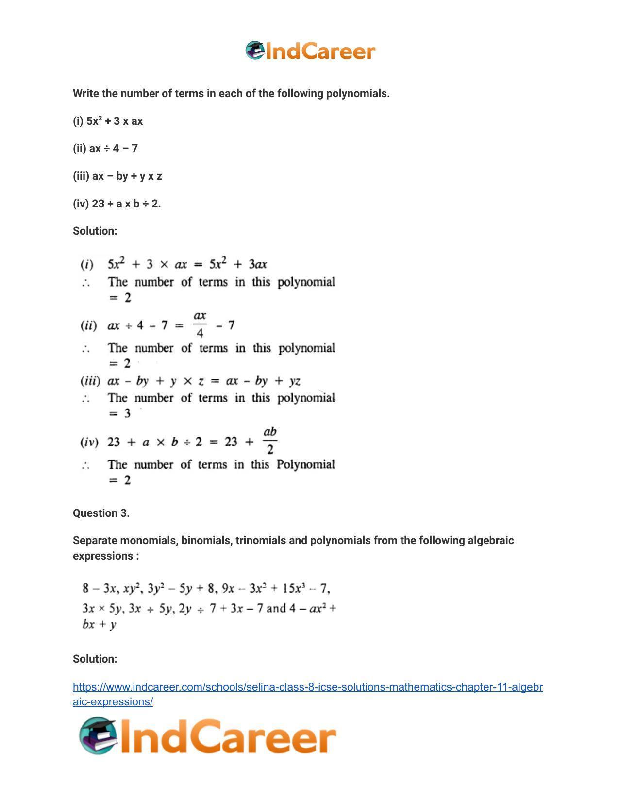 Selina Class 8 ICSE Solutions Mathematics : Chapter 11- Algebraic Expressions - Page 3